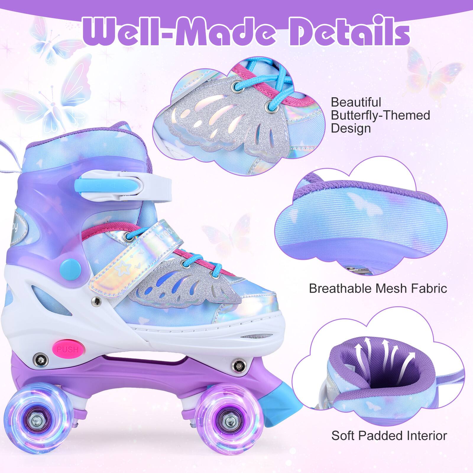 Well-Made Details

- Beautiful Butterfly-Themed Design
- Breathable Mesh Fabric
- Soft Padded Interior