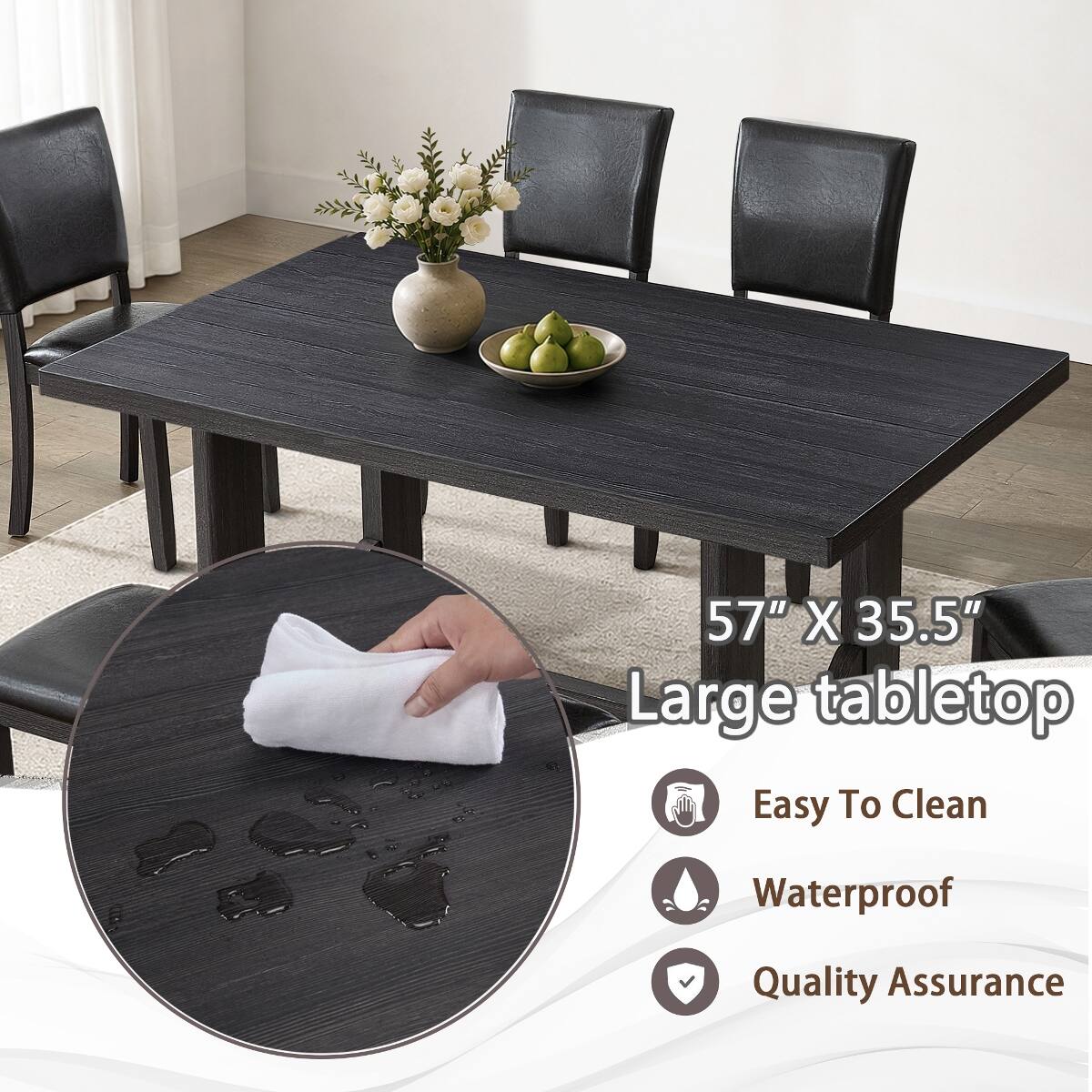 57" X 35.5" Large tabletop  
Easy To Clean  
Waterproof  
Quality Assurance