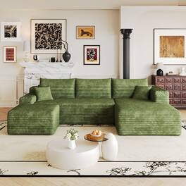 Meqiodas - Modular Sectional Sofa, L Shaped Could Couch with Ottoman, Wide Deep Seat Comfy Couch for Living Room, Bedroom - Green