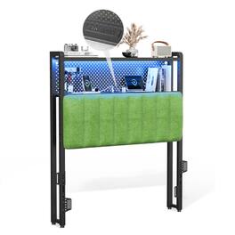 Winado - Twin Size Adjustable Upholstered Headboard Only with 2 Tier Shelves and Pegboard with Charging Stations and LED Lights - Chenille & Forest Green