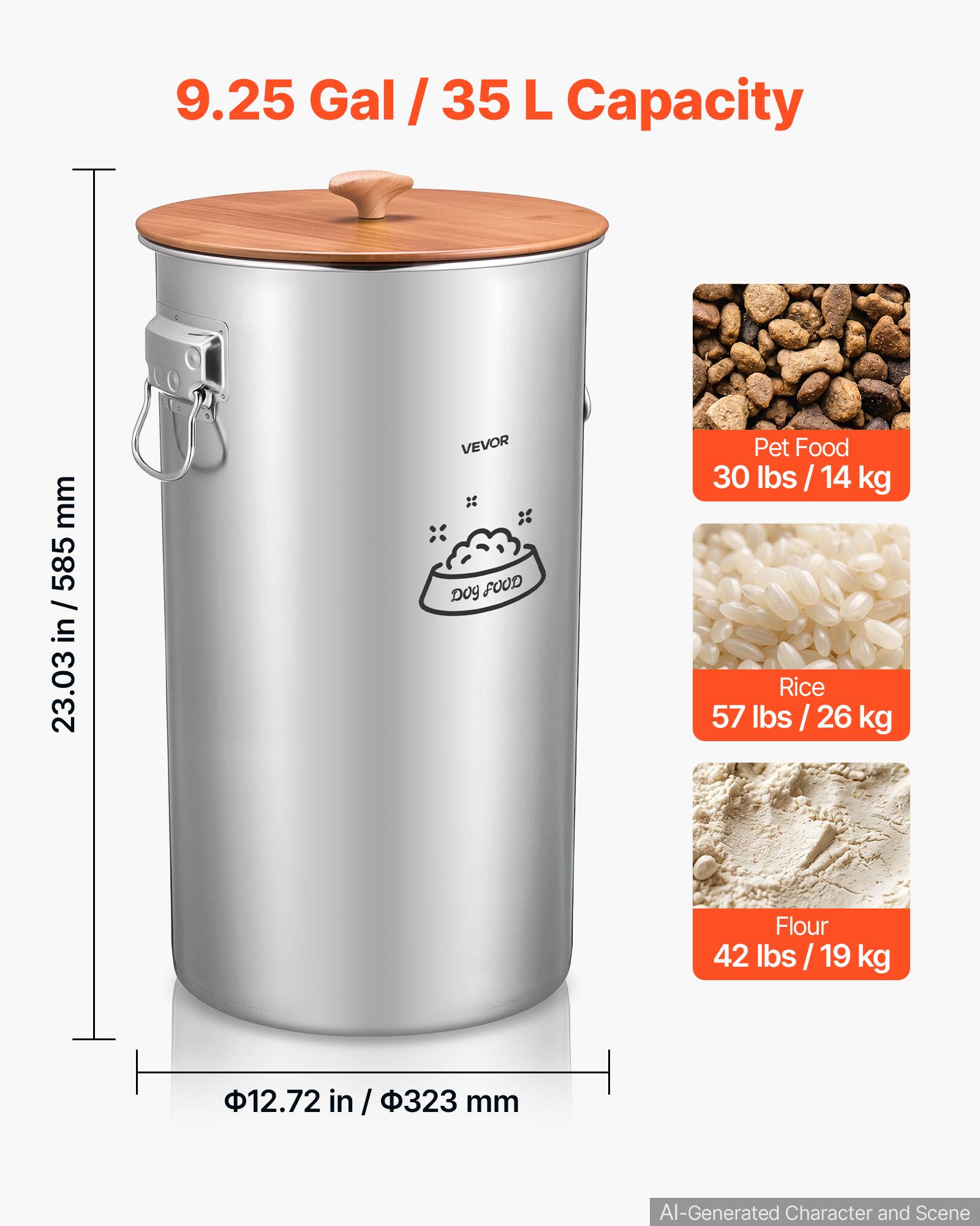 9.25 Gal / 35 L Capacity

23.03 in / 585 mm

VEVOR Dog Food

Pet Food 30 lbs / 14 kg
Rice 57 lbs / 26 kg
Flour 42 lbs / 19 kg

12.72 in / 323 mm

AI-Generated Character and Scene