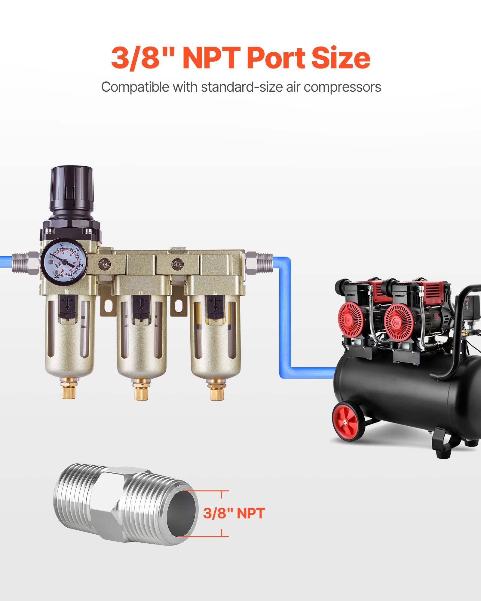 3/8" NPT Port Size  
Compatible with standard-size air compressors