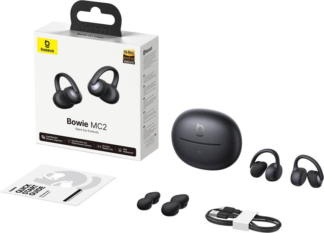 baseus Base boseus an Uaer Hi-Res Ovetec AUDIO WIRELESS 0 O D Bowie MC2 Open-Ear Earbuds SuperBass3.0 Dynamic Algorithm Wrap-Around ClousConfort 2.0 Cushions 55-Hour Battery Lite IP6? Waterproof 0 a D uoes QUICK GUIDE