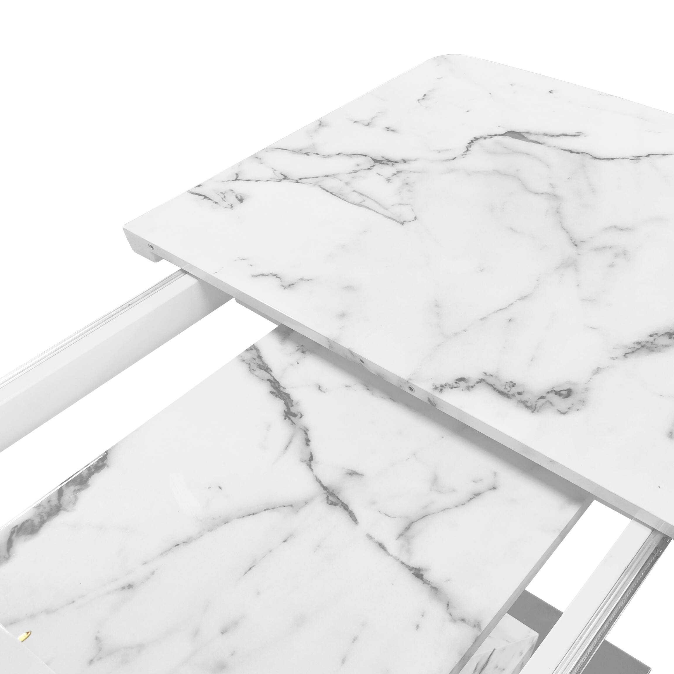 Alt View 8. Tiramisubest - Modern Square Dining Table, Stretchable, Printed White Marble Table Top + MDF X-Shape Table Leg with Metal Base - White.