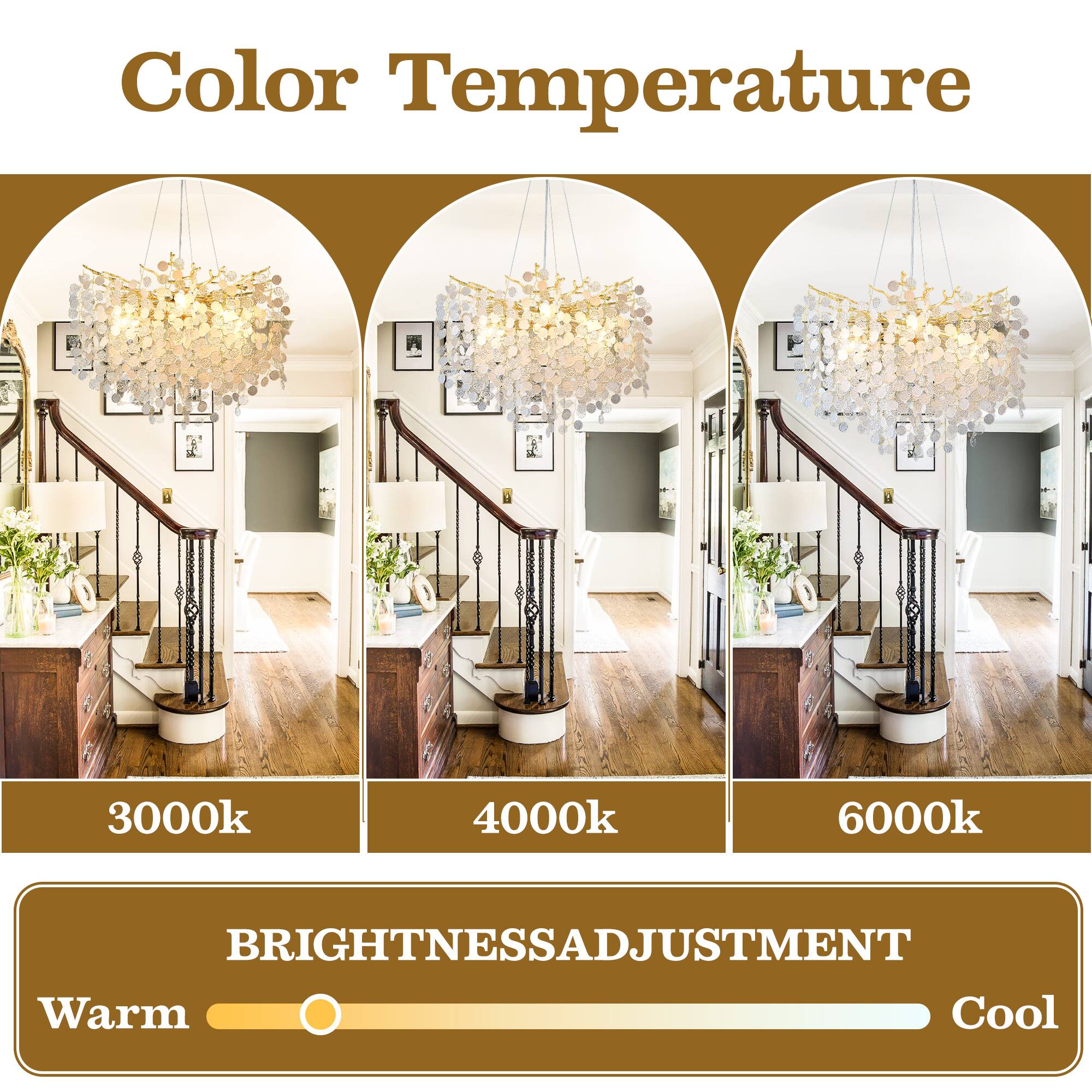 Color Temperature

3000k 4000k 6000k

BRIGHTNESS ADJUSTMENT

Warm Cool