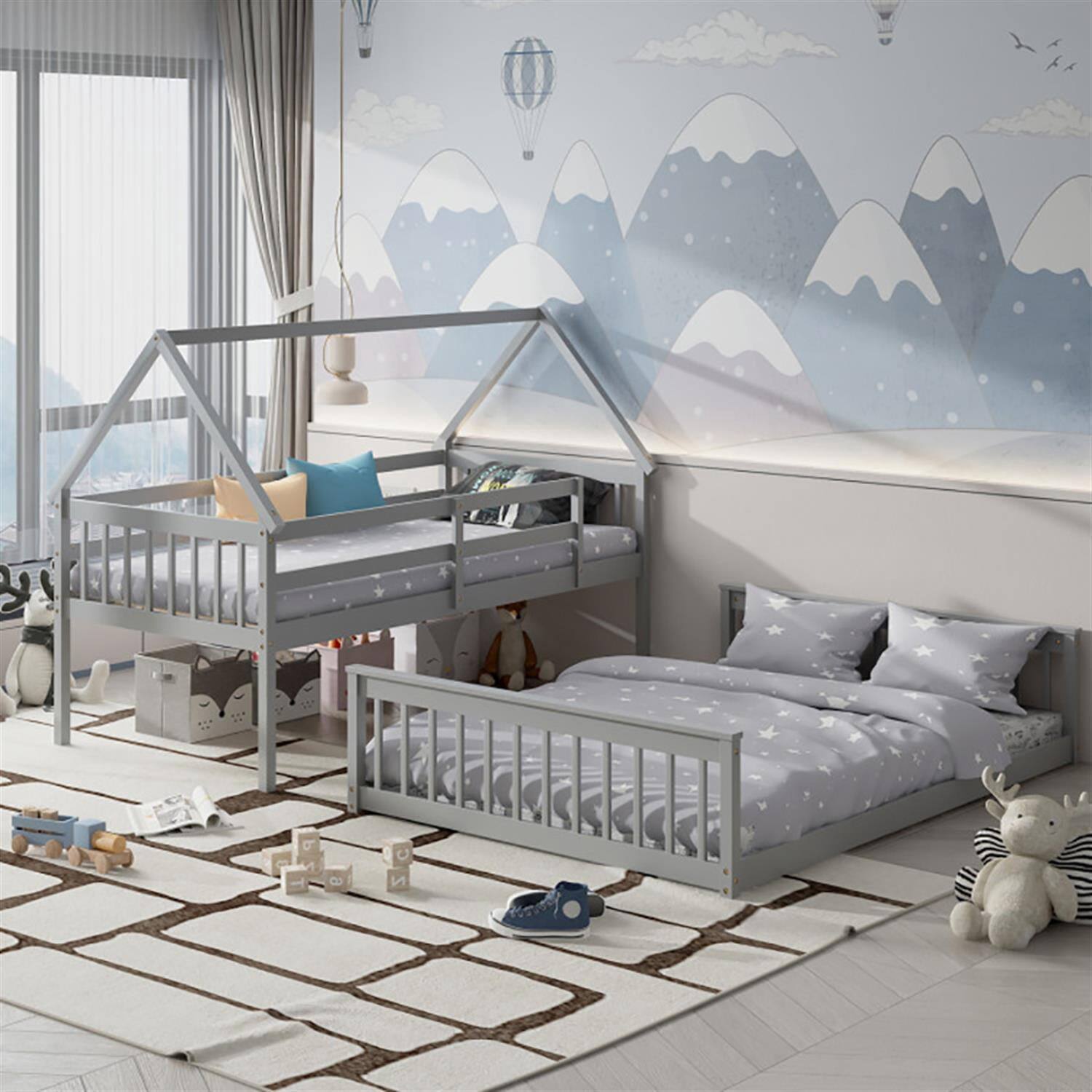 Alt View 5. Pefilos - Twin Over Full Bunk Bed with Ladder and Guardrails, House Twin Bunk Beds, Bed Frame - Gray.