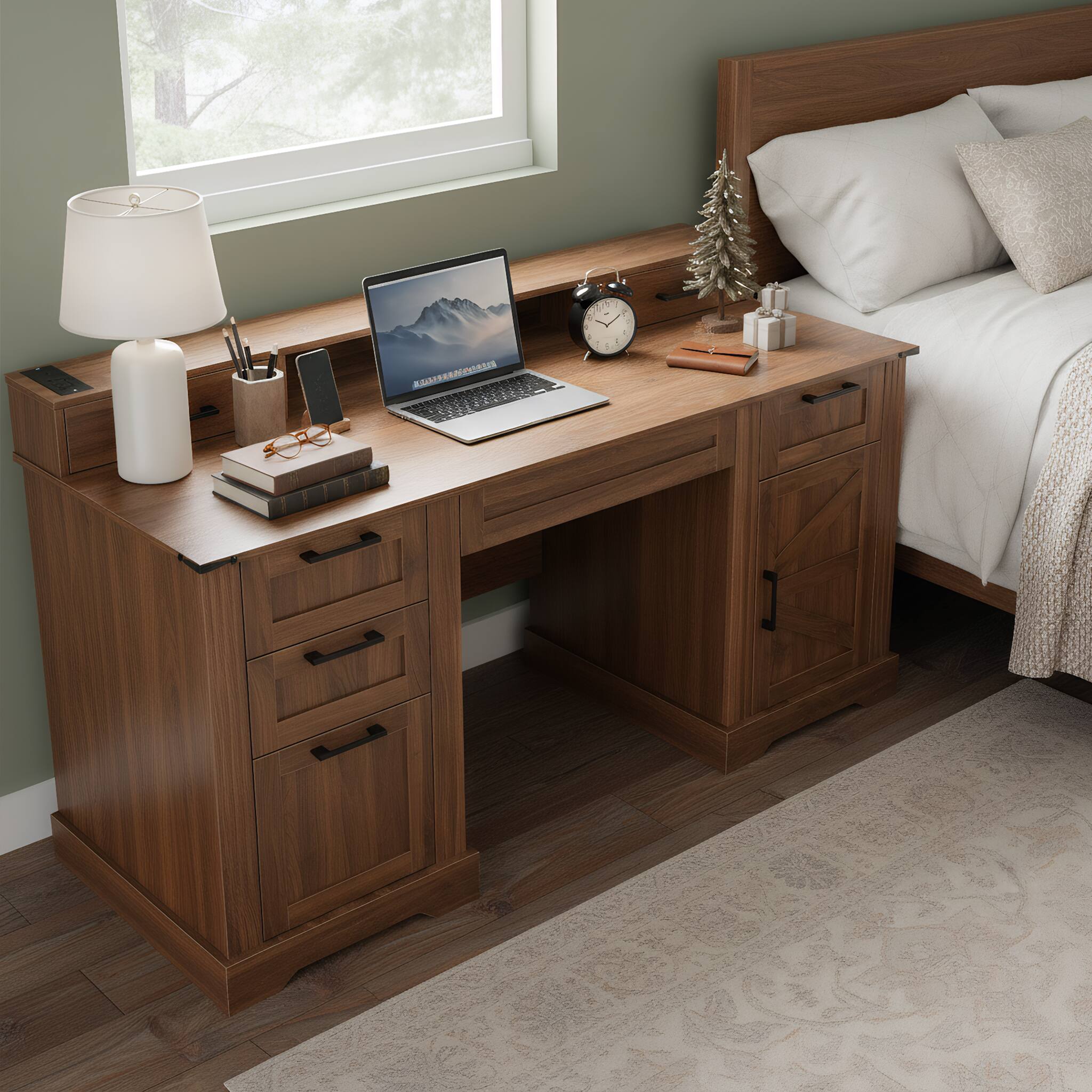 Left. TinyHomie - 59INCH Farmhouse Office Desk Charging Station Storage Cabinet Barn Door Design Desk File Drawer Dark Walnut - brown.