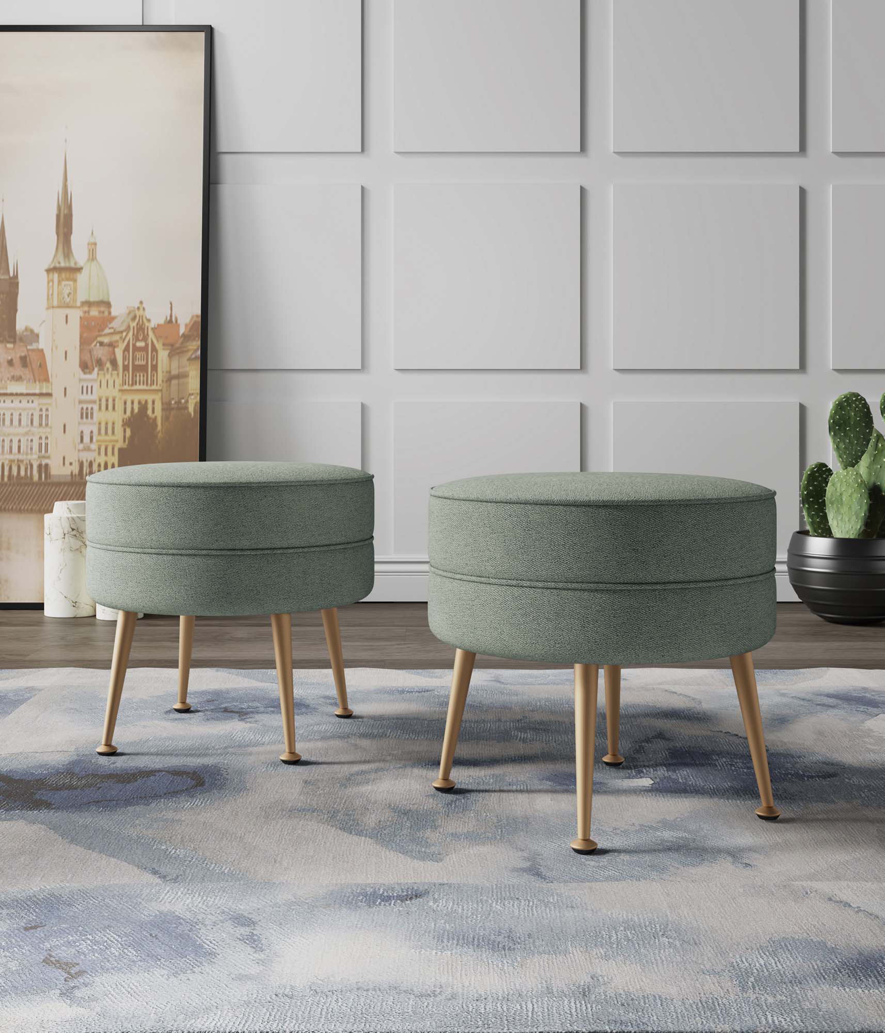 Angle. Manhattan Comfort - Bailey Mid-Century Modern Upholstered Accent Ottoman - Set of 2 - Sage Green.