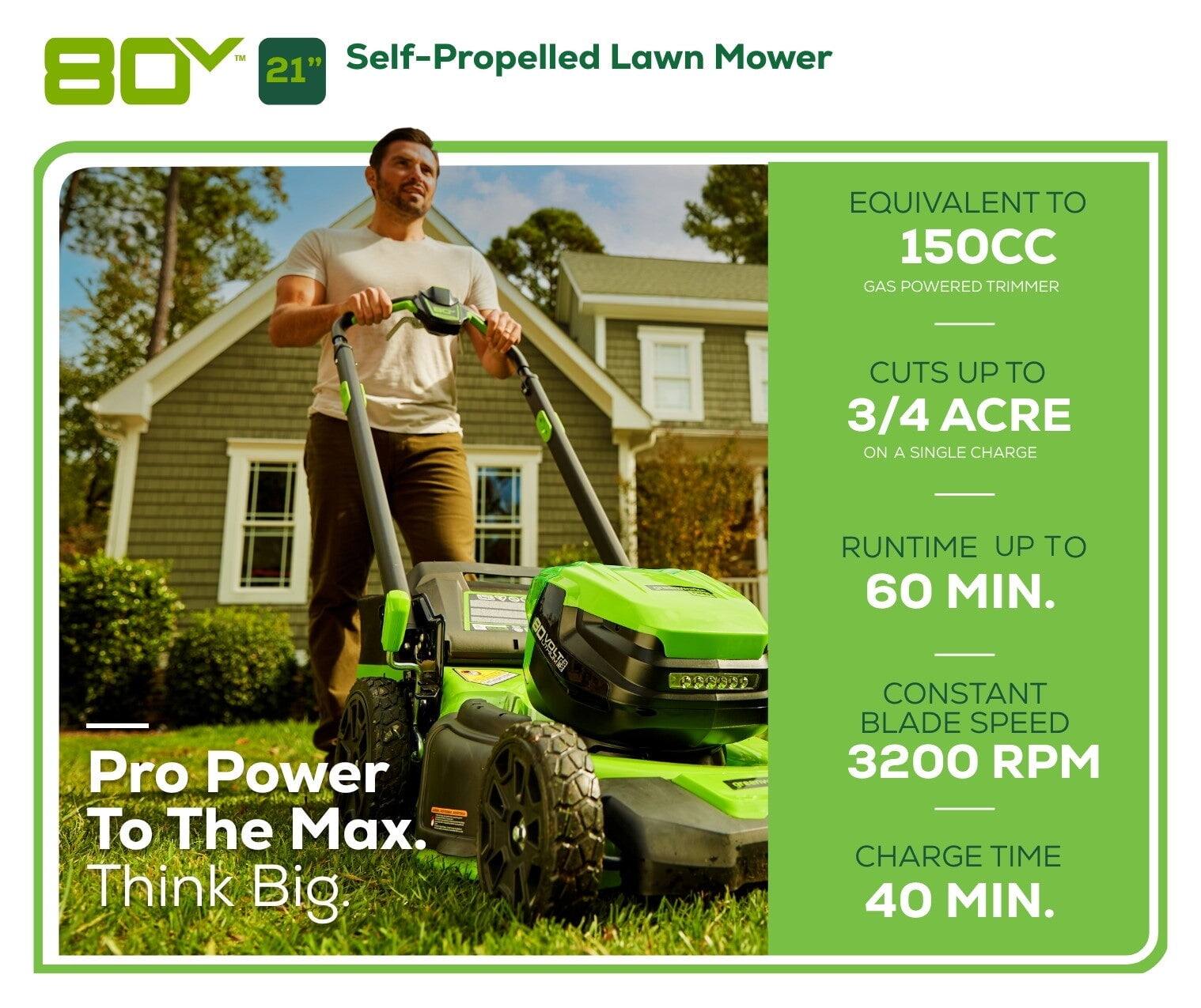 Sure, here is the corrected and grouped text from the image:

---

**BOY 21" Self-Propelled Lawn Mower**

- **Pro Power To The Max.**
- **Think Big.**

---

**EQUIVALENT TO 150CC GAS POWERED TRIMMER**

- **CUTS UP TO 3/4 ACRE ON A SINGLE CHARGE**

---

- **RUNTIME UP TO 60 MIN.**
- **CONSTANT BLADE SPEED 3200 RPM**
- **CHARGE TIME 40 MIN.**

---
