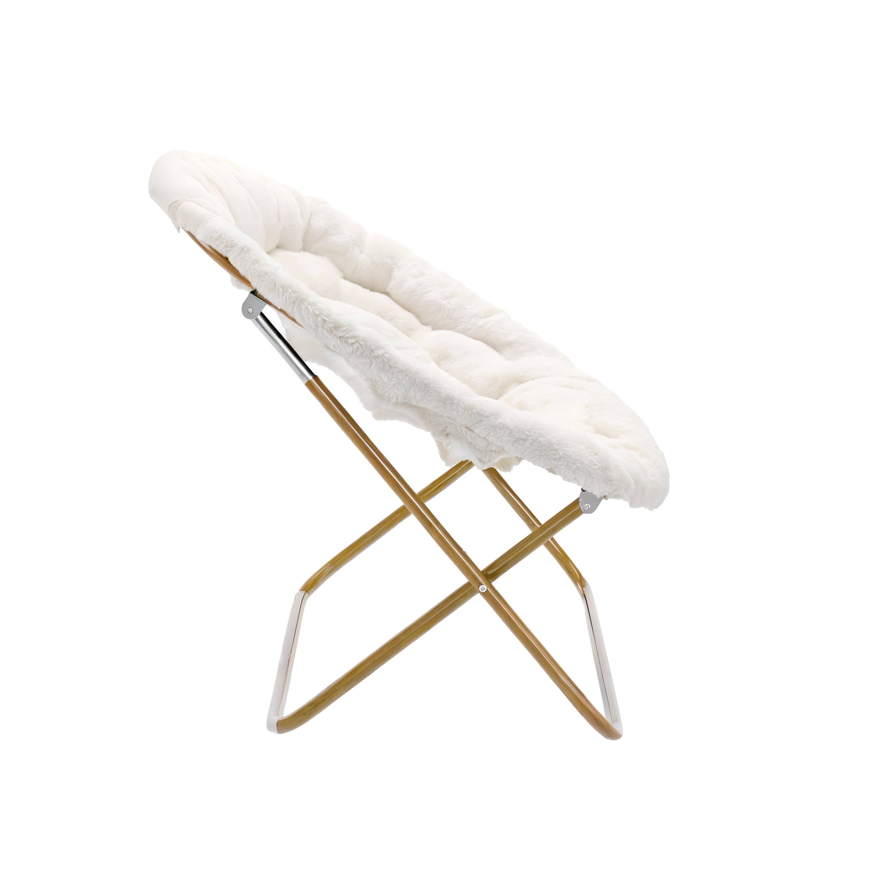 Alt View 7. Emma + Oliver - Janey Folding Double Saucer Chair with 2 Ottomans and Steel Frame for Dorm or Bedroom - Ivory Faux Shearling Fabric/Soft Gold Frame.