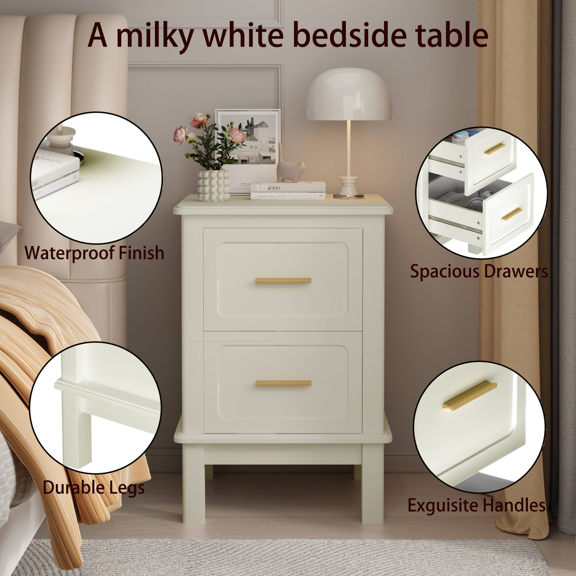 A milky white bedside table

AD 001% - THE SAND

Waterproof Finish
Spacious Drawers
Durable Legs
Exquisite Handles