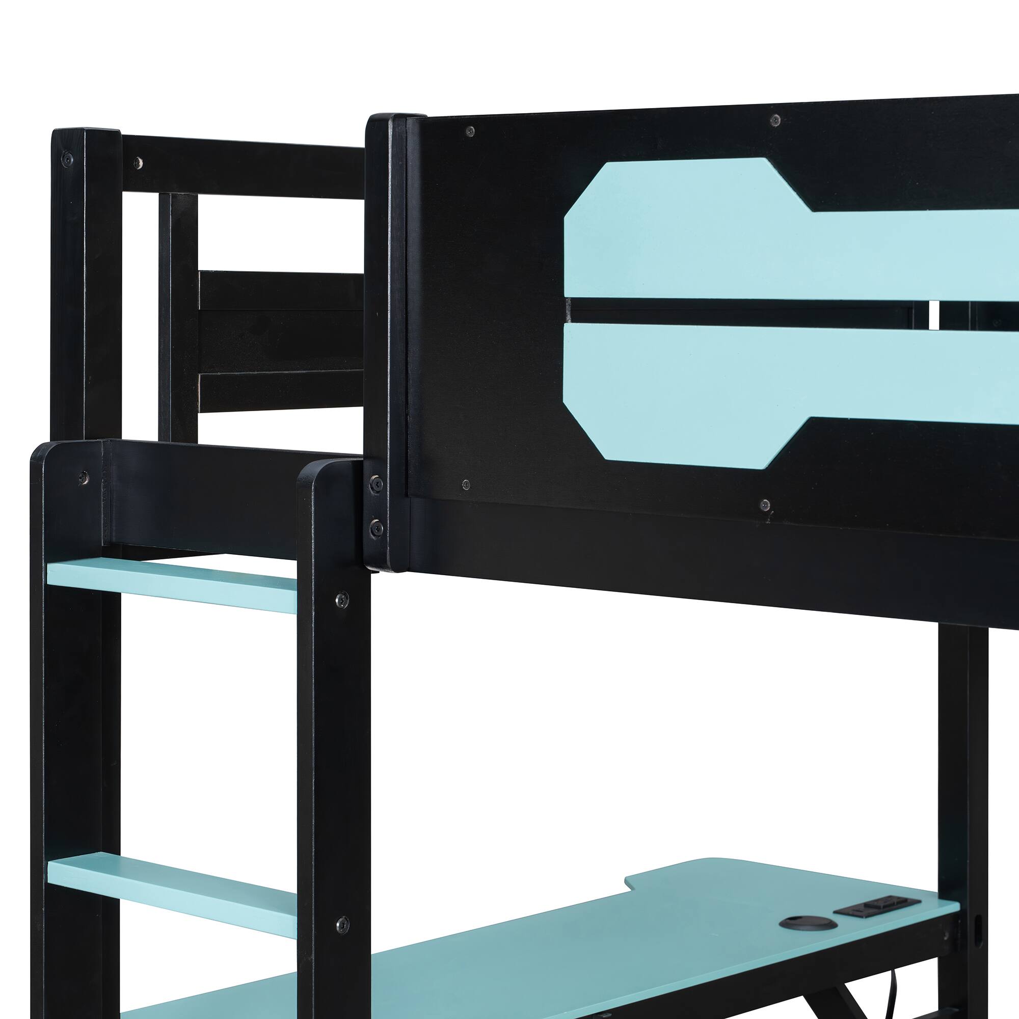 Alt View 2. Anysun - Full Size Bunk Bed with Two Built-In Gaming Desks, USB Desktop Ports & Pegboard Organizer, Gaming Bunk Frame for Gamer - Blue.