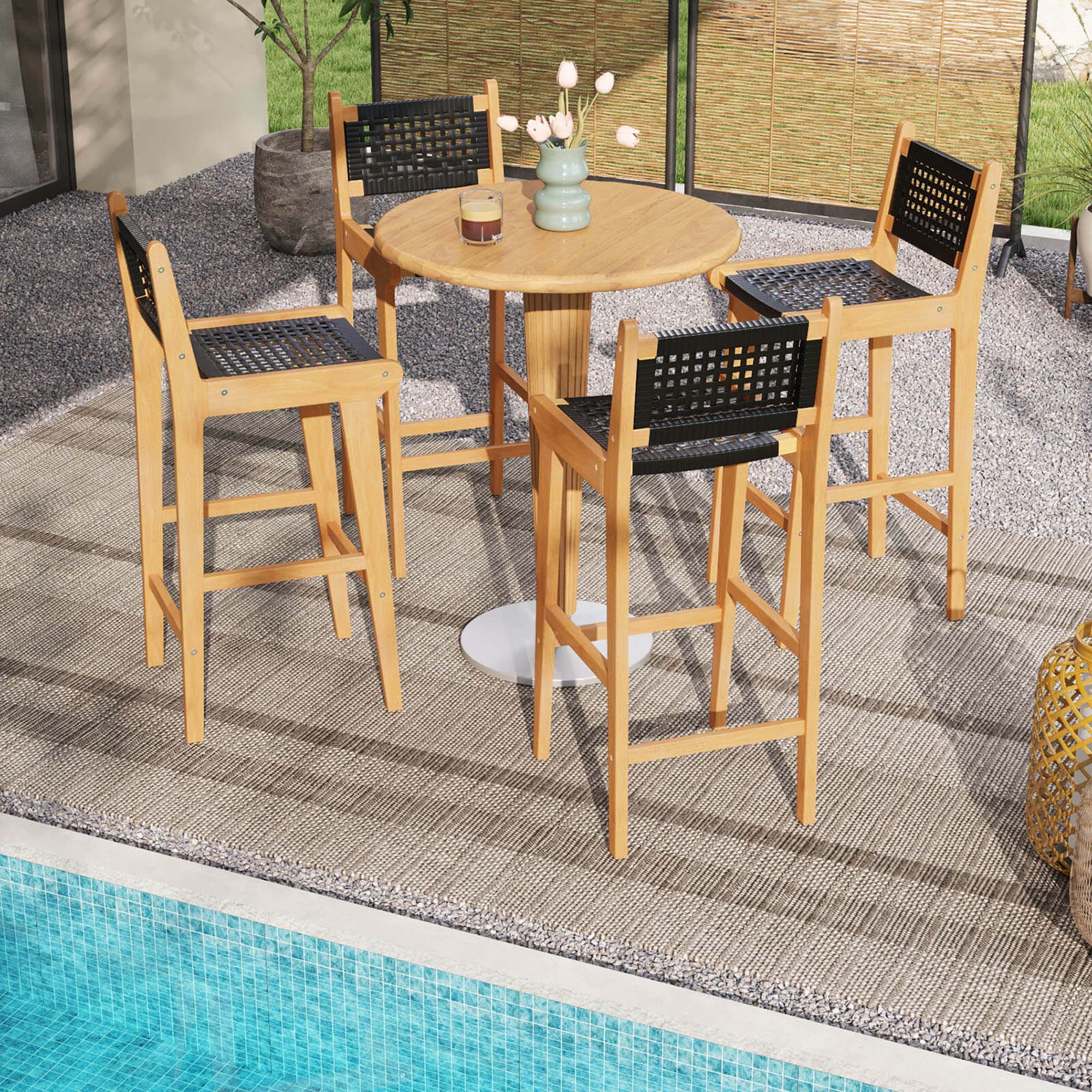 Back. Costway - 4 PCS 30" Teak Wood Bar Chair with Backrest & Footrest Bar Height Chair for Deck - Black + Natural.