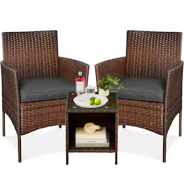 Best Choice Products - 3-Piece Outdoor Wicker Conversation Patio Bistro Set, w/ 2 Chairs, Table - Brown/Stone Gray