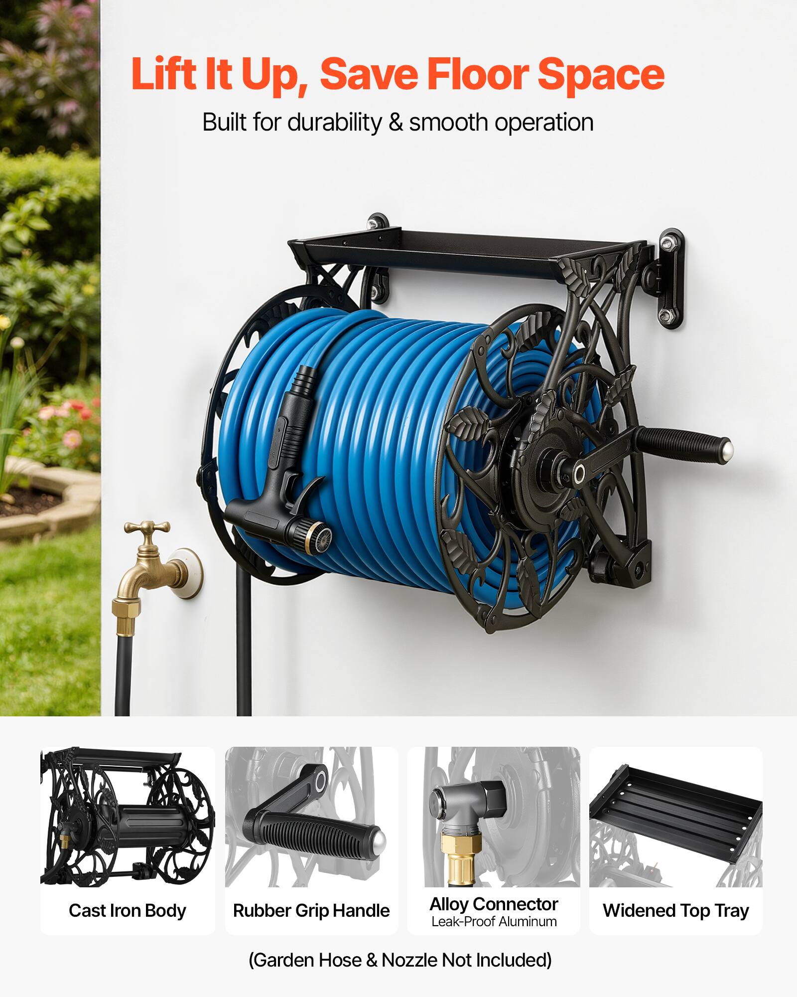 Lift It Up, Save Floor Space  
Built for durability & smooth operation  

- Cast Iron Body  
- Rubber Grip Handle  
- Alloy Connector (Leak-Proof Aluminum)  
- Widened Top Tray  

(Garden Hose & Nozzle Not Included)