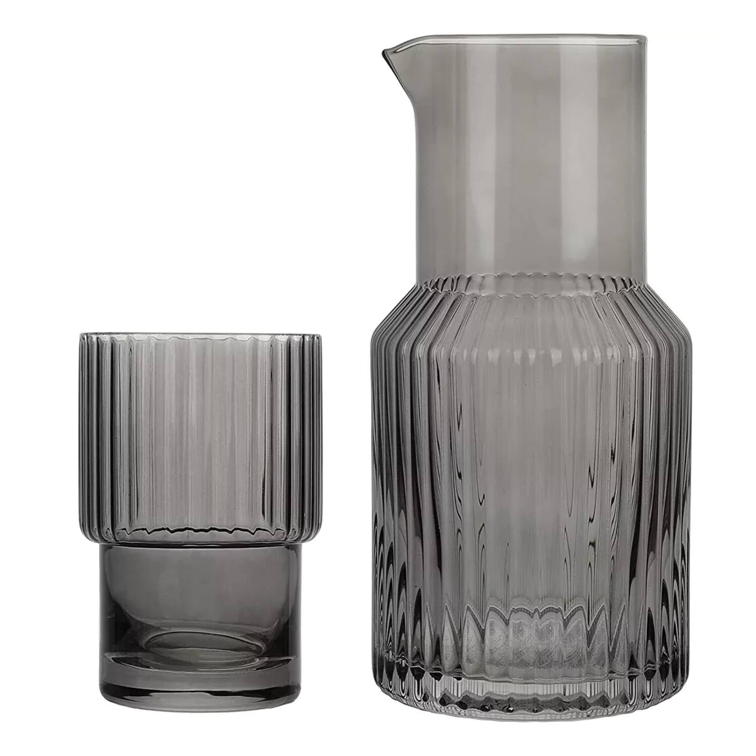Angle. Jay Import - Gray Ribbed Glass 2-Piece Carafe Set 33.81 OZ. - Gray.
