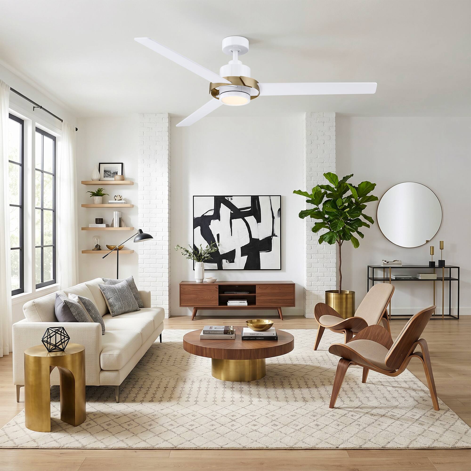 Angle. Parrot Uncle - 60 Inch Modern Dimmable LED Ceiling Fan with Remote Control and 6 Speed DC Motor - White.