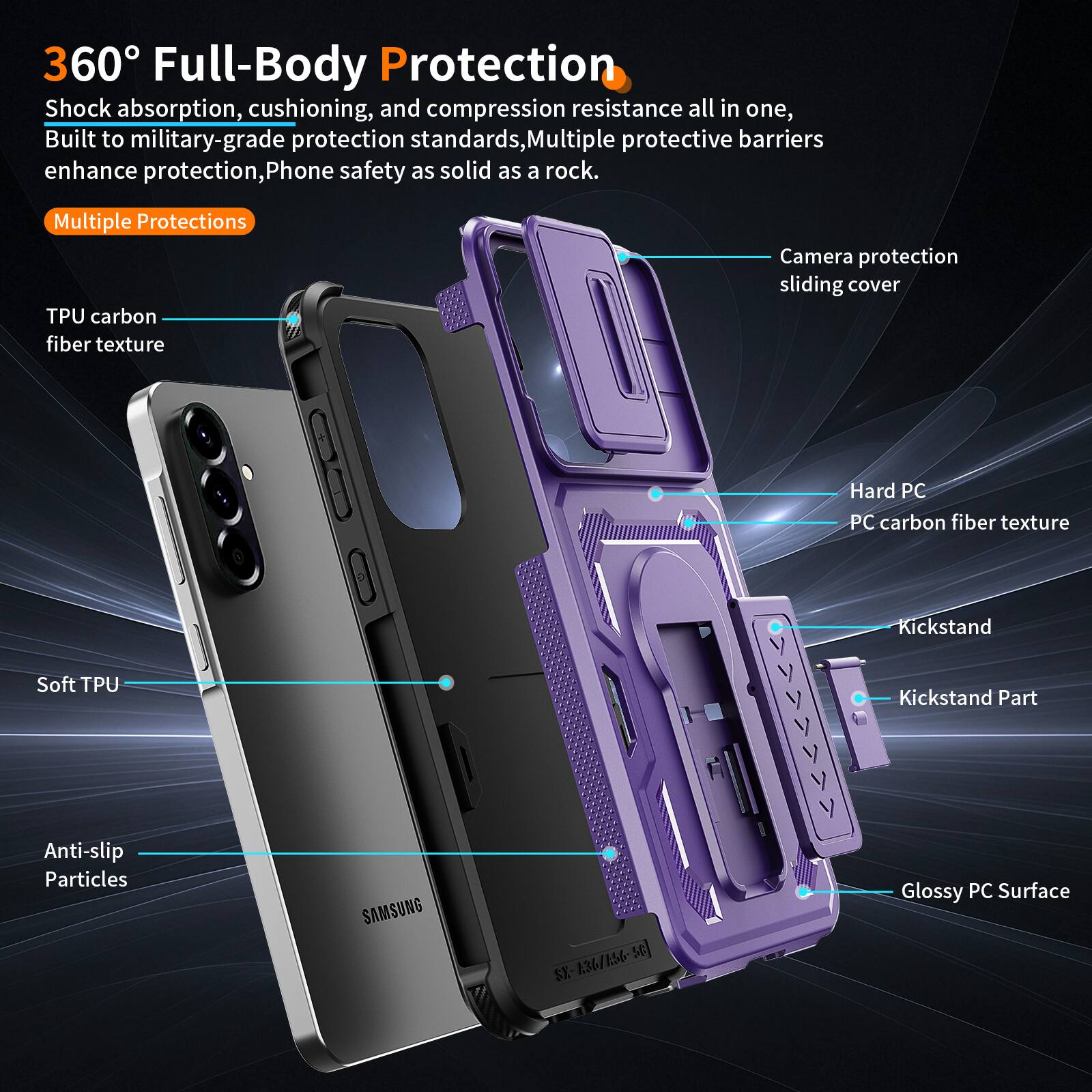 360° Full-Body Protection  
Shock absorption, cushioning, and compression resistance all in one, Built to military-grade protection standards, Multiple protective barriers enhance protection, Phone safety as solid as a rock.  

Multiple Protections  
TPU carbon fiber texture  
Camera protection sliding cover  
Soft TPU  
Anti-slip Particles  
SAMSUNG 5C SX 1.36/156-  
Hard PC  
PC carbon fiber texture  
Kickstand  
Kickstand Part  
Glossy PC Surface