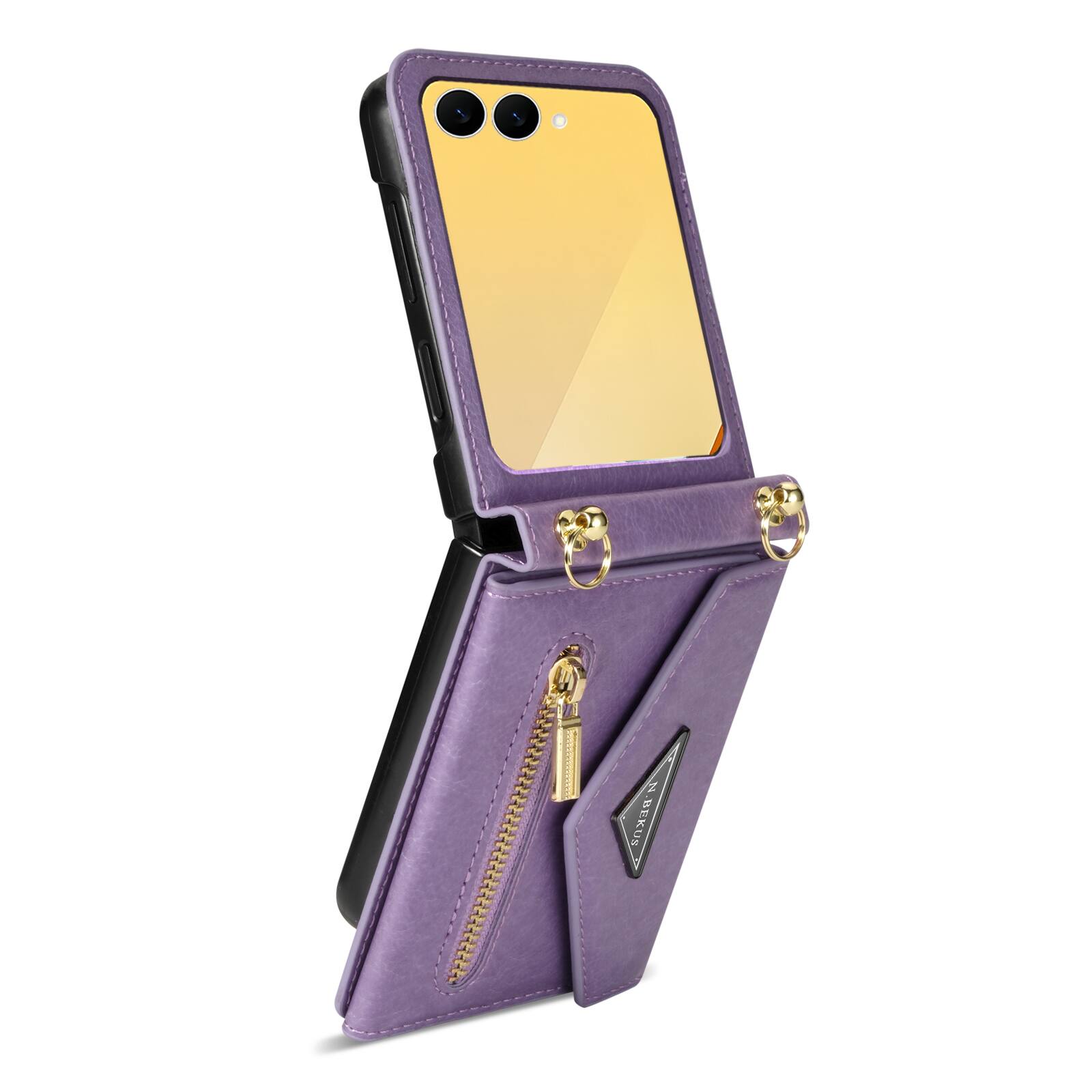 Alt View 4. Dteck - Crossbody Strap Case for Samsung Galaxy Z Flip8, Zipper Wallet Card Pocket Shockproof PU Leather Cover - Purple.