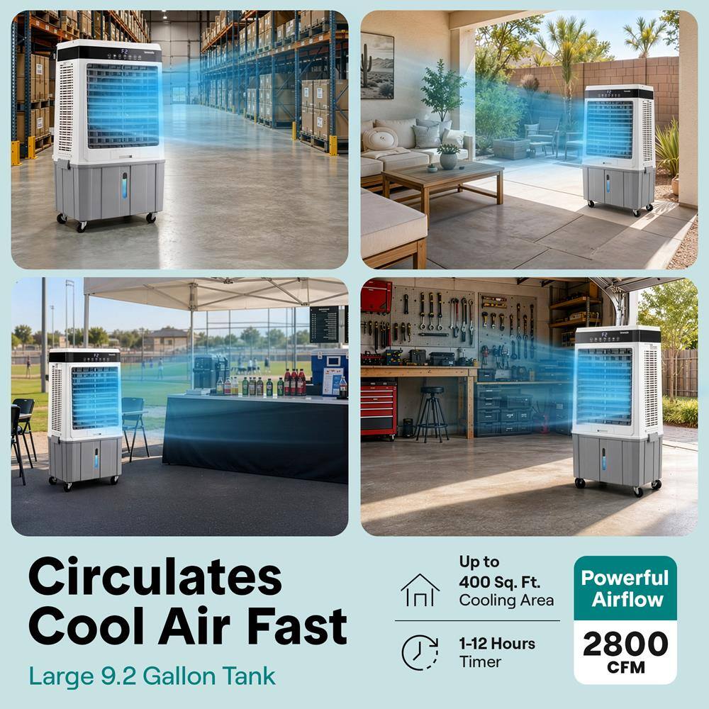 Circulates Cool Air Fast  
Large 9.2 Gallon Tank  
Up to 400 Sq. Ft.  
Powerful Cooling Area  
Airflow 1-12 Hours  
2800 Timer CFM