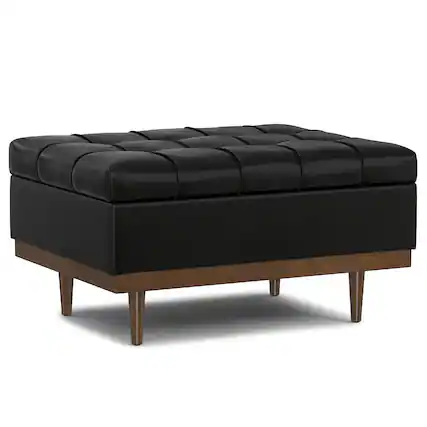 Front. Simpli Home - Mariah 34 inch Contemporary Rectangle Coffee Table Storage Ottoman in Midnight Black PU Black faux leather, Assembled - Midnight Black.