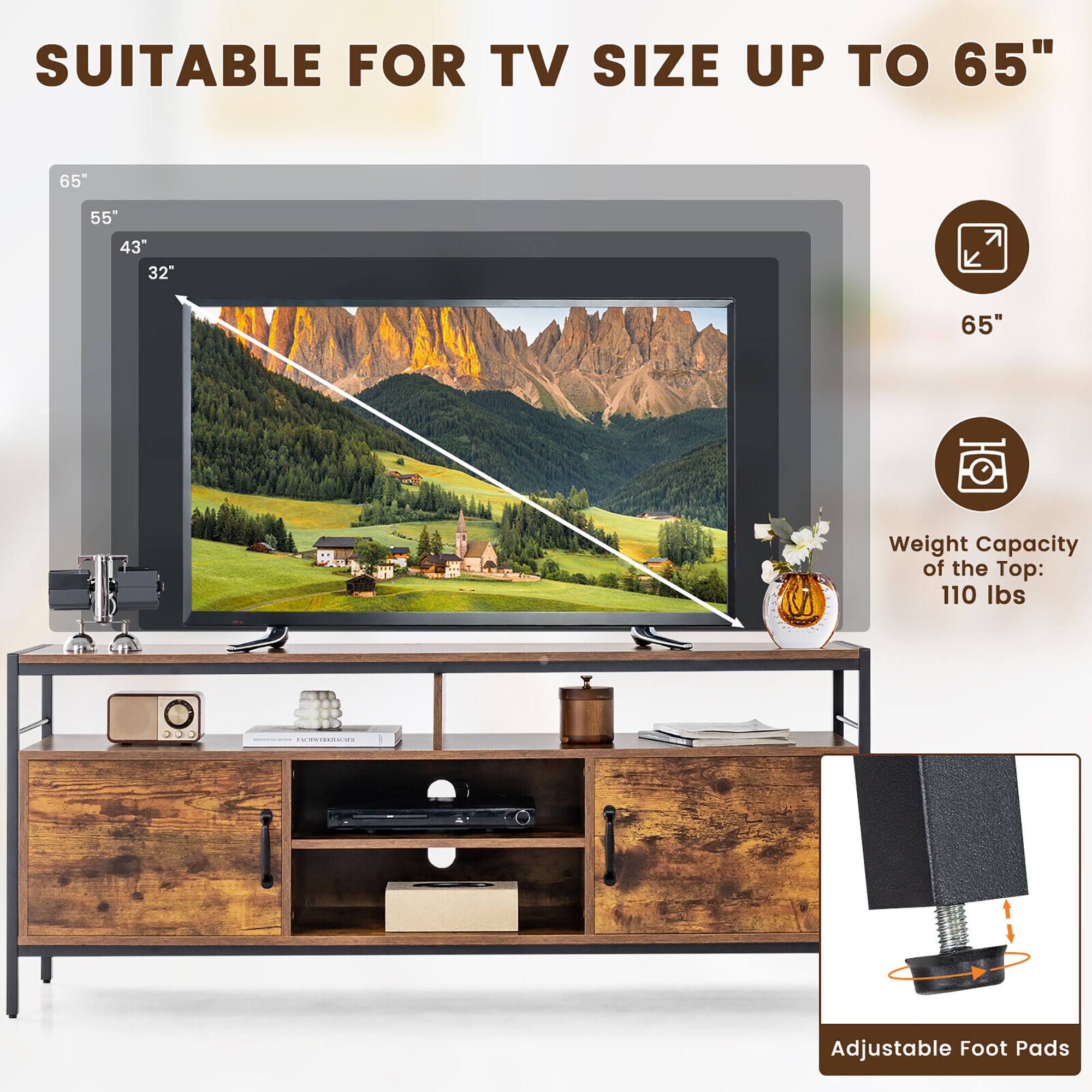 The image features a flat screen TV placed on a wooden stand. The TV is suitable for TV sizes up to 65 inches, and the stand has adjustable foot pads. The weight capacity of the top of the stand is 110 lbs.