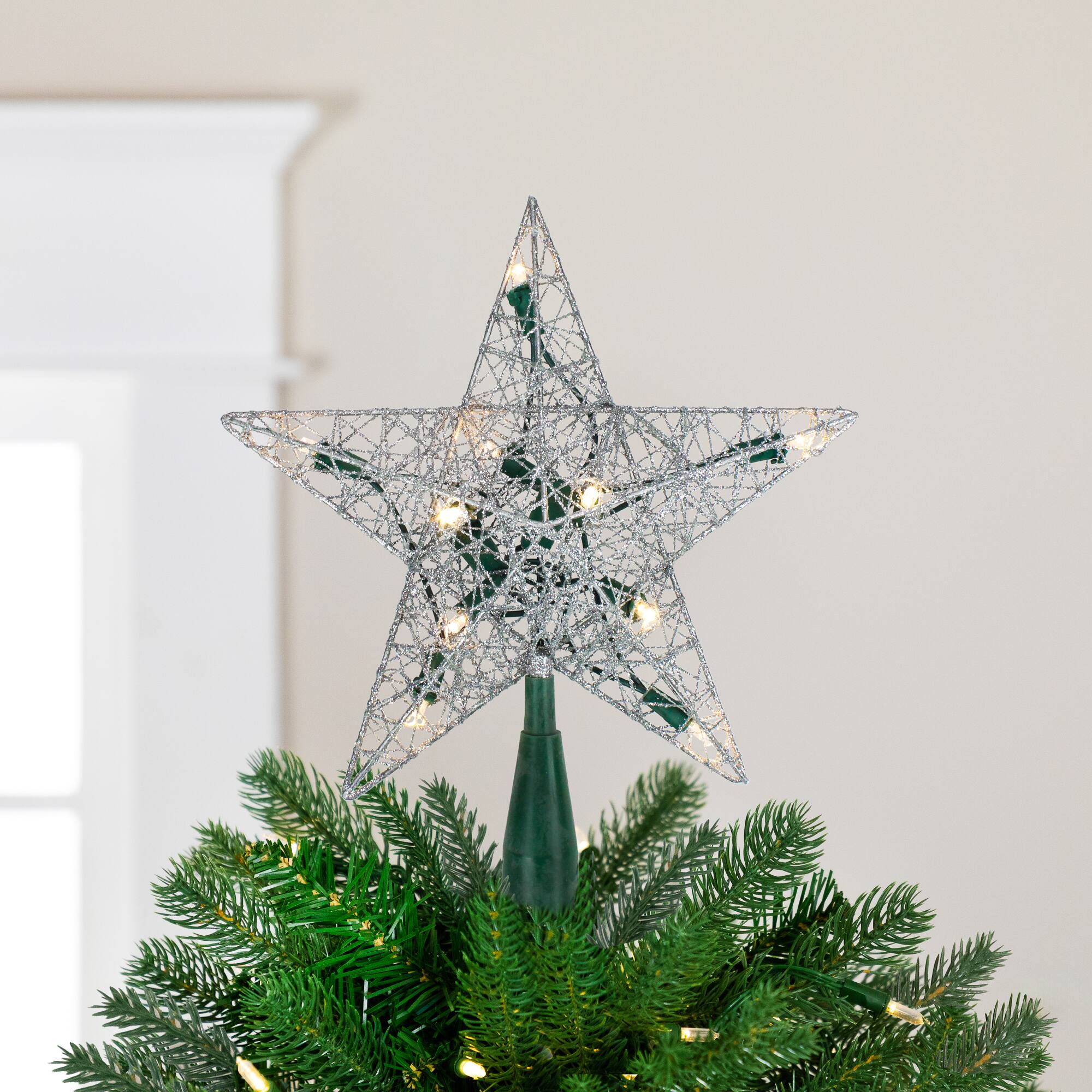 Northlight - 9" Lighted Wire Star Christmas Tree Topper - White LED Lights - Silver