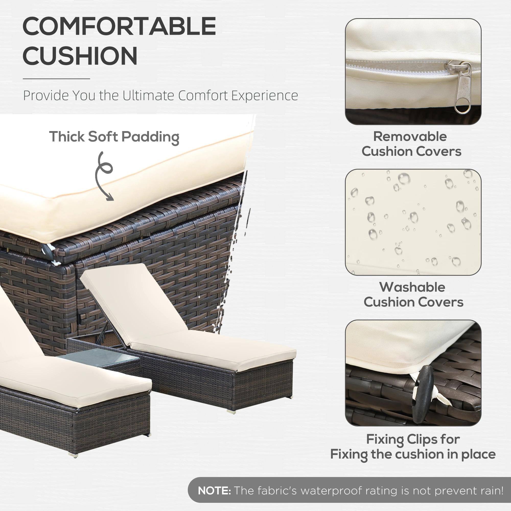 **COMFORTABLE CUSHION**

Provide You the Ultimate Comfort Experience

- Thick Soft Padding
- Removable Cushion Covers
- Washable Cushion Covers
- Fixing Clips for Fixing the cushion in place

**NOTE:** The fabric's waterproof rating is not prevent rain!