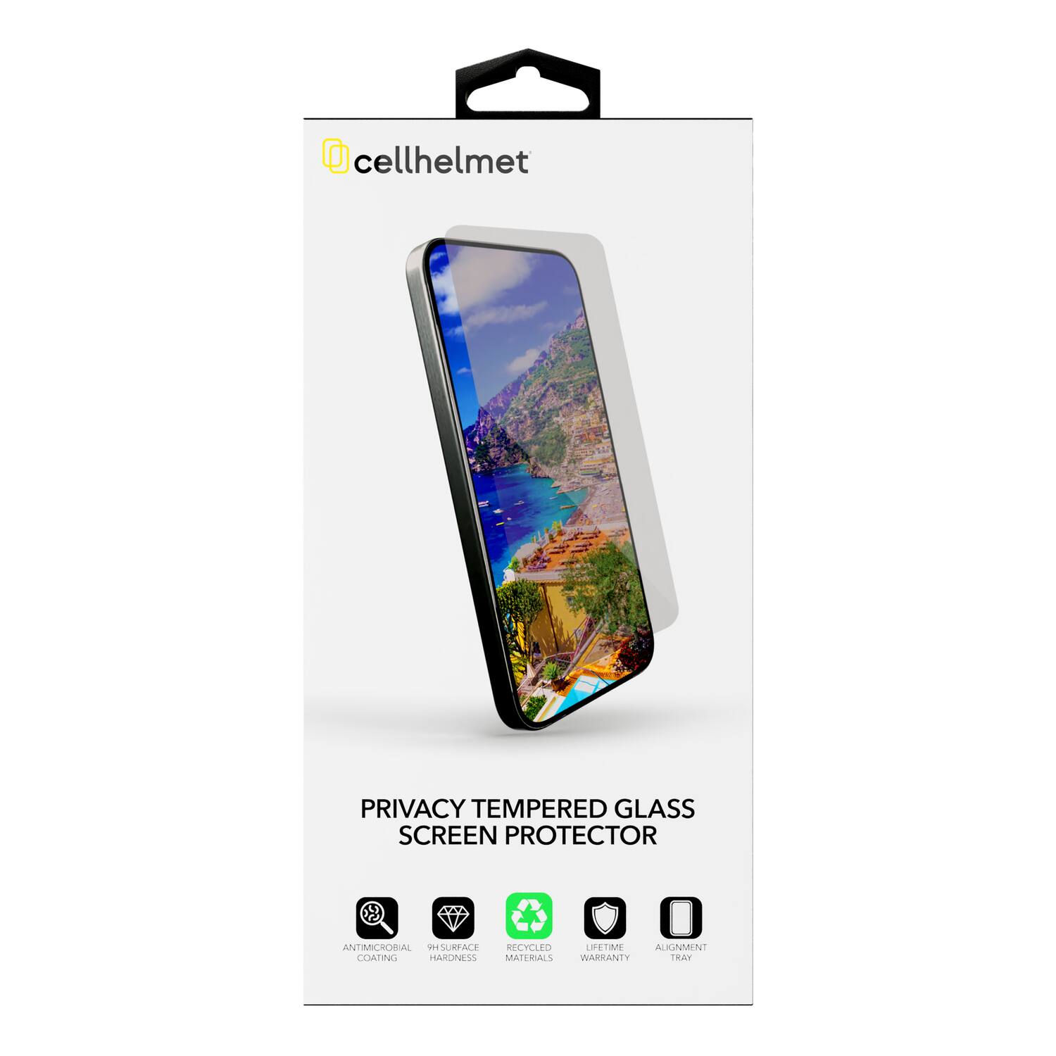 cellhelmet PRIVACY TEMPERED GLASS SCREEN PROTECTOR  
- ANTIMICROBIAL COATING  
- 9H SURFACE HARDNESS  
- RECYCLED MATERIALS  
- LIFETIME WARRANTY  
- ALIGNMENT TRAY