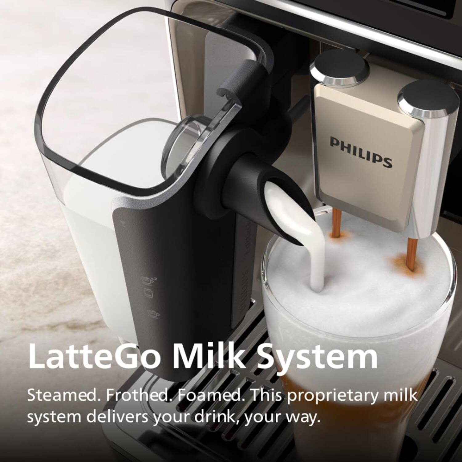 PHILIPS LatteGo Milk System  
Steamed. Frothed. Foamed.  
This proprietary milk system delivers your drink, your way.