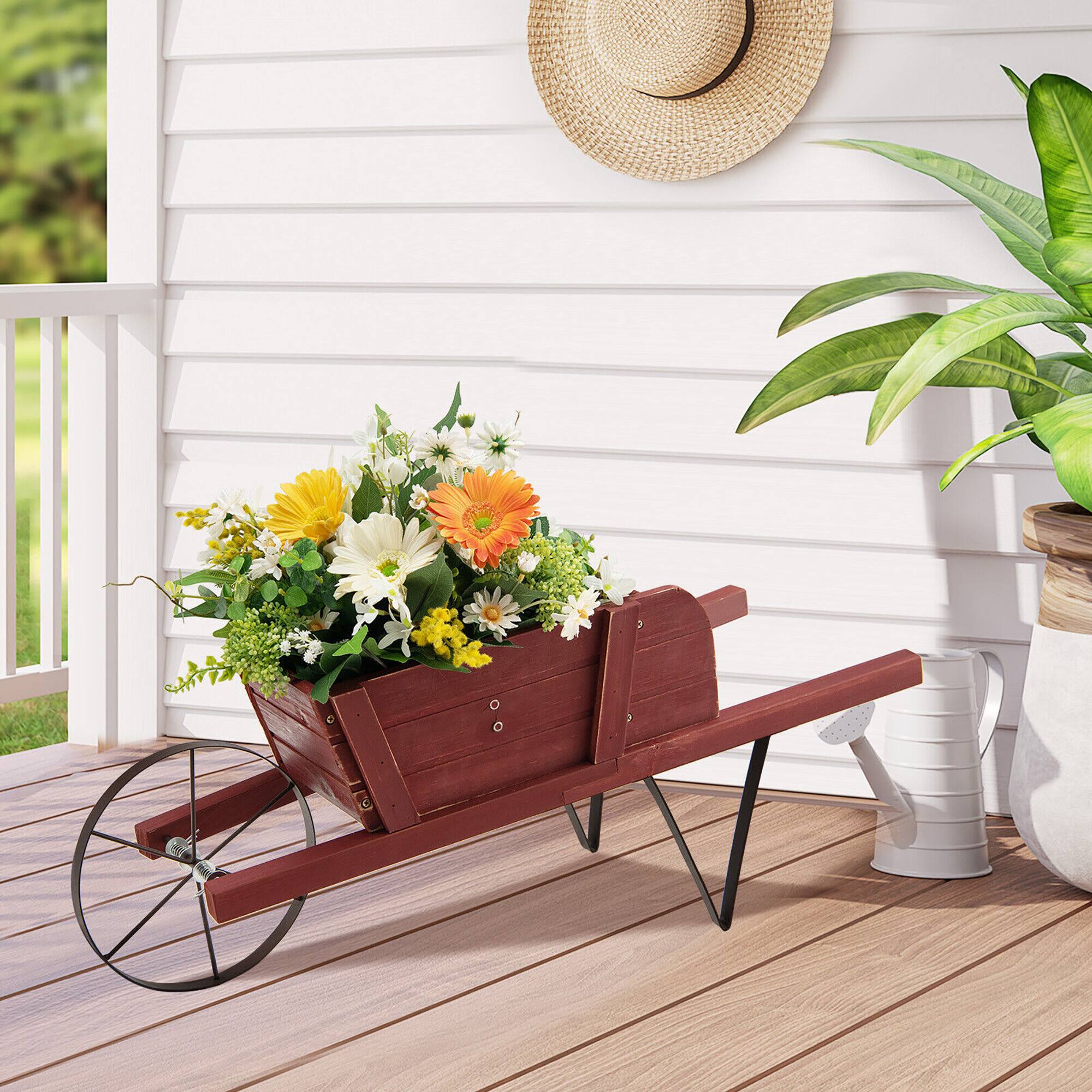 Alt View 4. Gymax - Gymax Wooden Wagon Planter Decorative Indoor/ Outdoor Rustic Flower Cart w/ Wheel Red - Red.