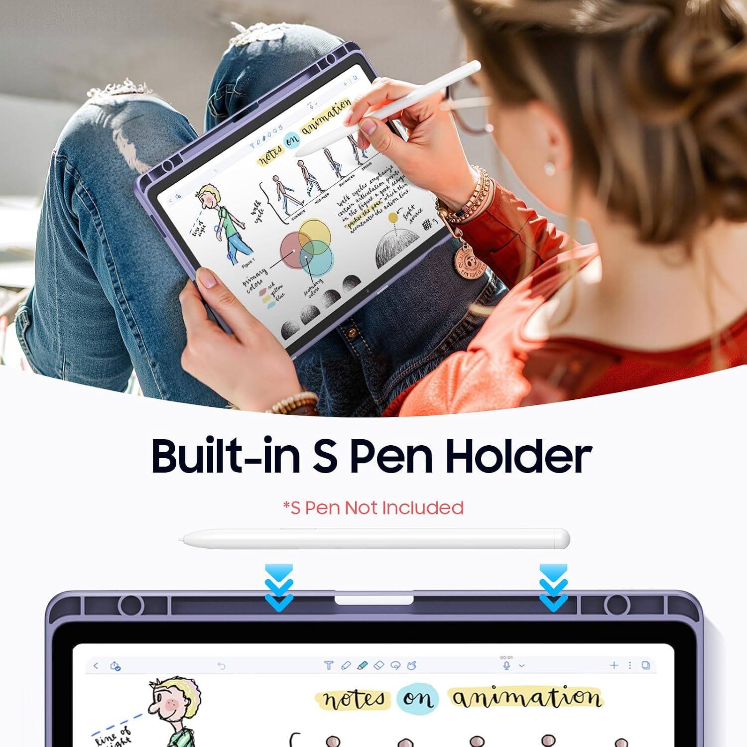 TOLOGS on animation ATTV notes - MIKING cycles ingbasize speted phos mia-nope welk KAN'T feat your comesse certain figure WINE waste light engue eycle AN "pasher the blosh Figue! primary colors not the 

Built-in S Pen Holder
*S Pen Not Included

notes on animation