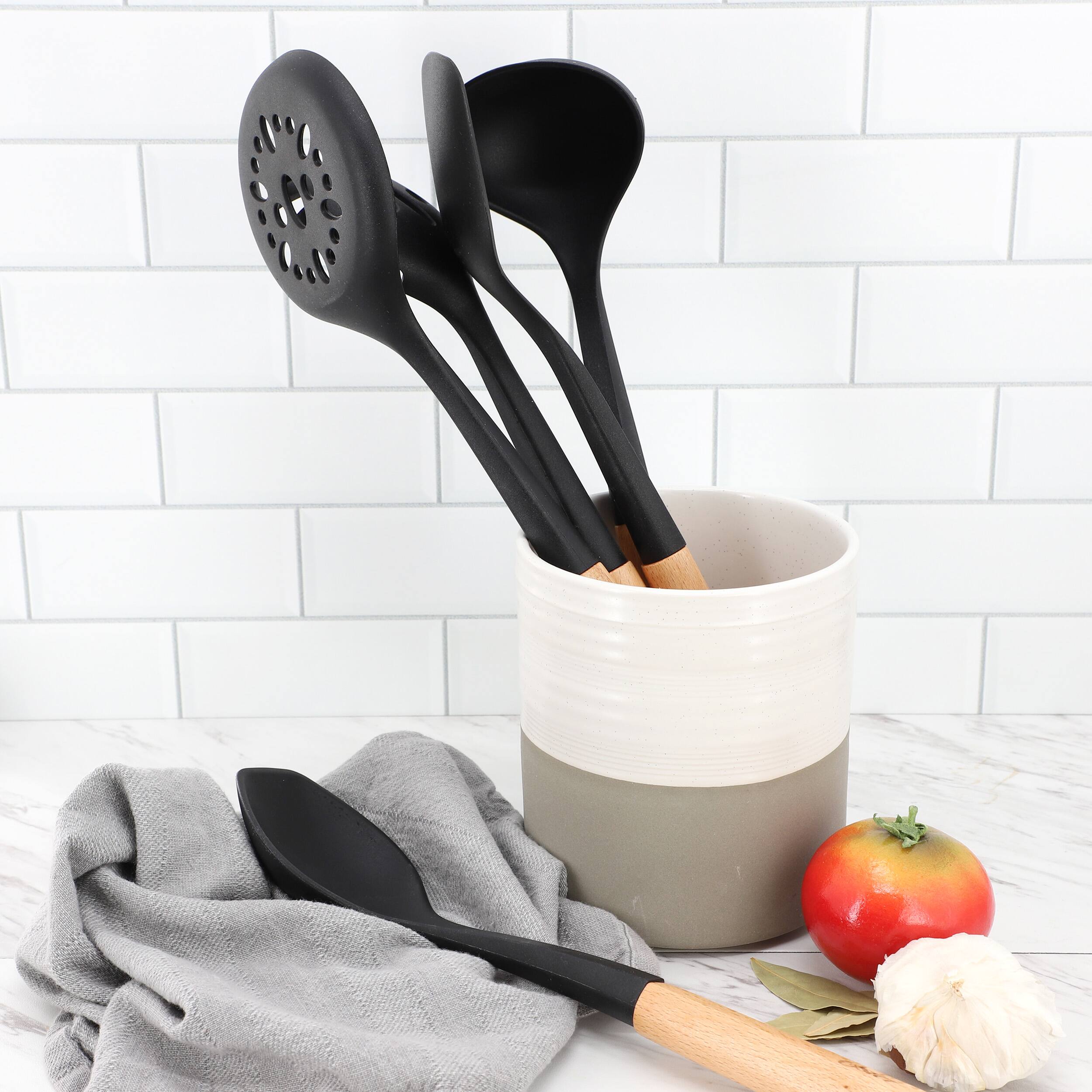 Alt View 4. Oster - Oster Marion 5 Piece Silicone and Wood Kitchen Tool Set in Black - Black.