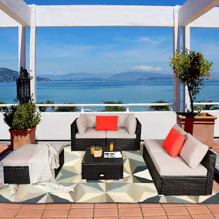 Front. Gymax - Gymax 6PCS Rattan Patio Sectional Sofa Set Outdoor Furniture Set w/ Cushions - Brown.