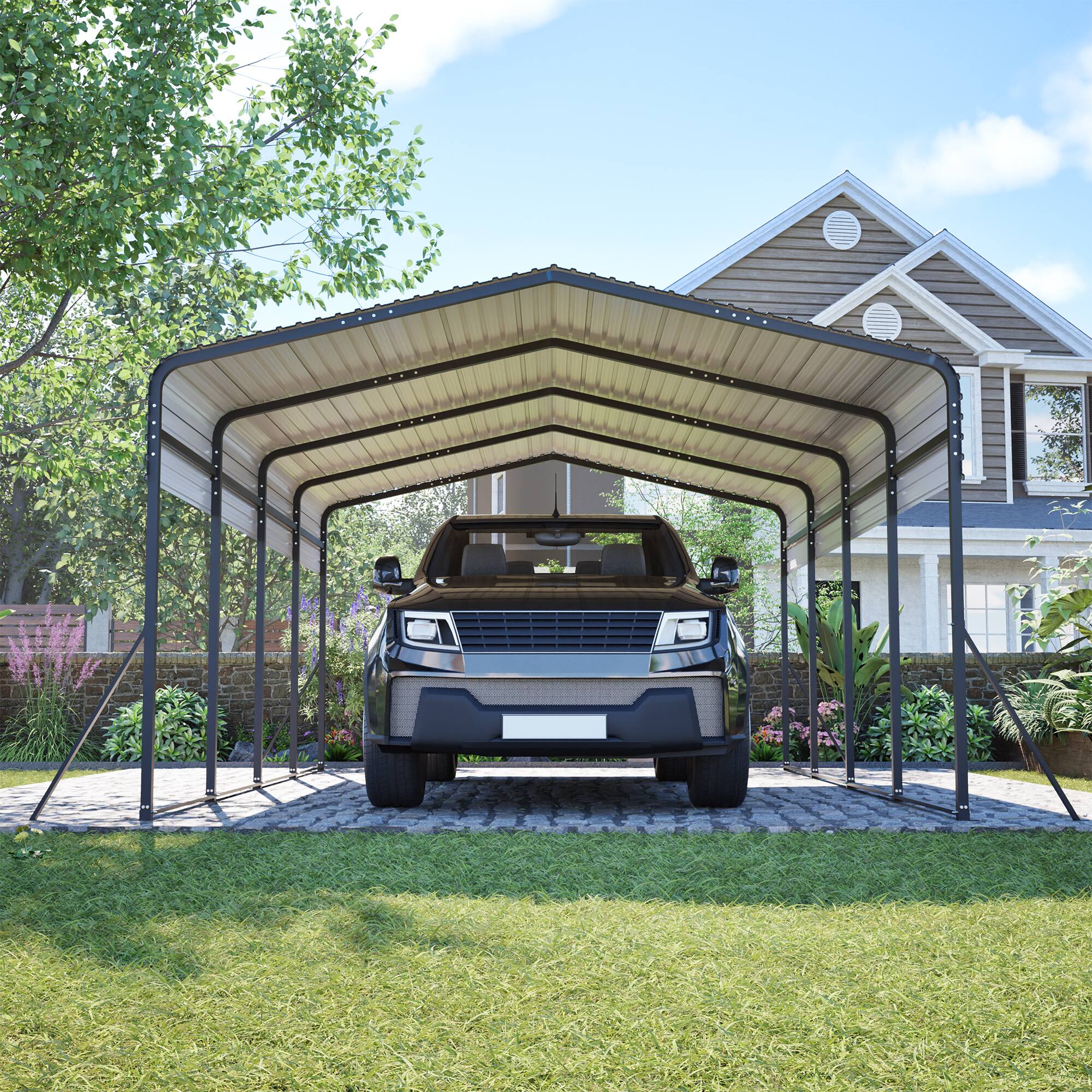 Left. Mondawe - 13x20 FT Galvanized Steel Carport with Upgraded Triangle Reinforced Frame&4 Poles - Black.