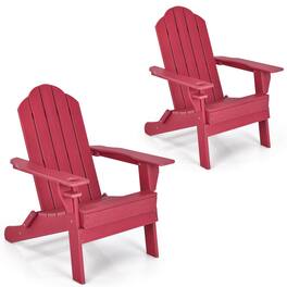 Costway - 2PCS Patio Folding Adirondack Chair Weather Resistant Cup Holder Yard - Red