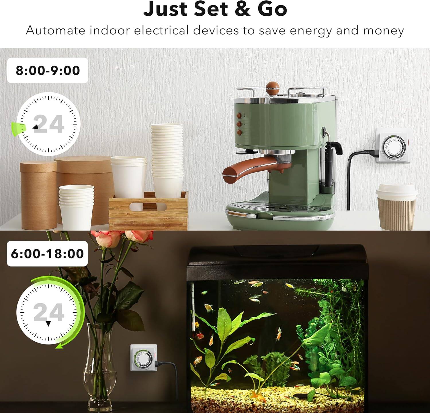 Just Set & Go  
Automate indoor electrical devices to save energy and money  

8:00-9:00  
24  

6:00-18:00  
24