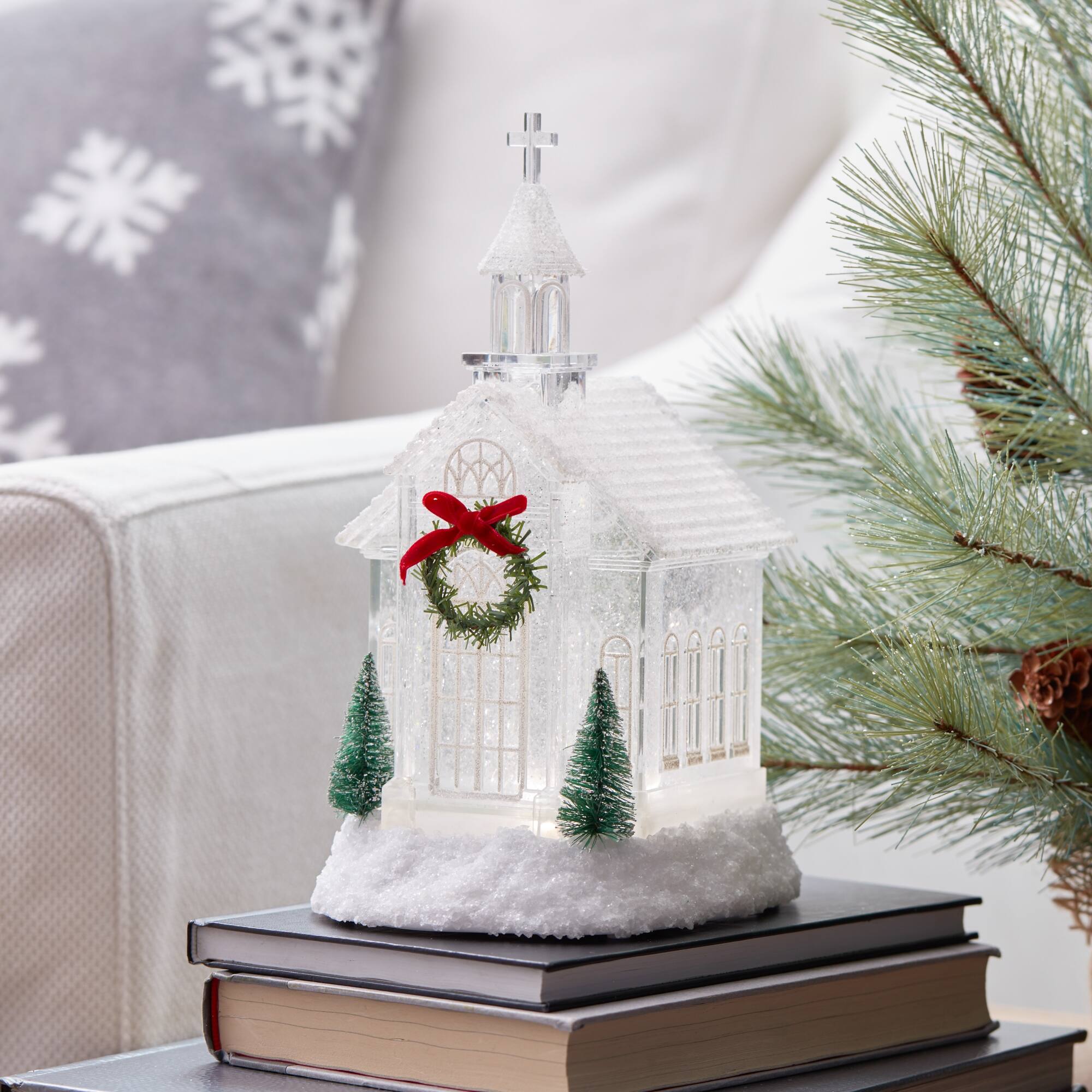 Angle. BreeBe - LED Church Snow Globe with Pine Accents 10.5"H - White, Red.