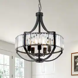 Loheer - Modern Farmhouse Chandelier, 5 Light Black Crystal Pendant for Dining Room and Living Room
