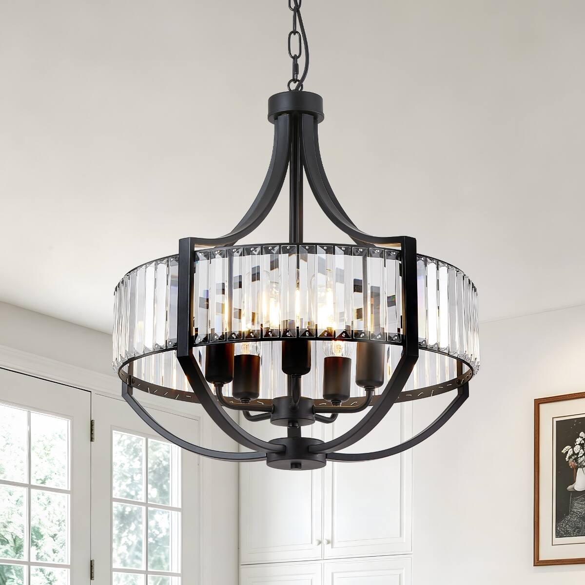 Front. Loheer - Loheer Modern Farmhouse Chandelier, 5 Light Black Crystal Pendant for Dining Room and Living Room.