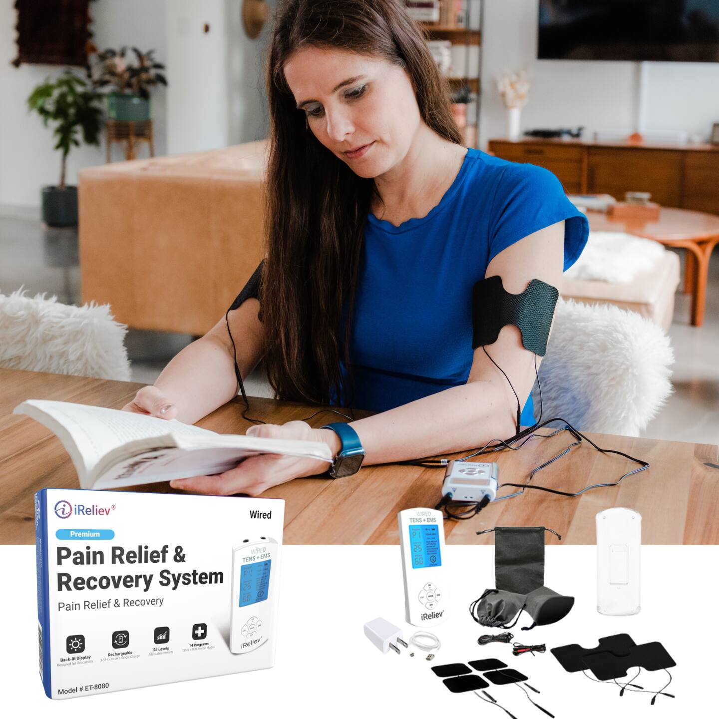 iReliev  
Wired  
WIRED TENS / EMS  
Premium Pain Relief & Recovery System IXC  
Pain Relief & Recovery  
25 Levels  
iReliev Rechargeable Electrotherapy Device  
Designed for Sodicity  
Model # ET-8080