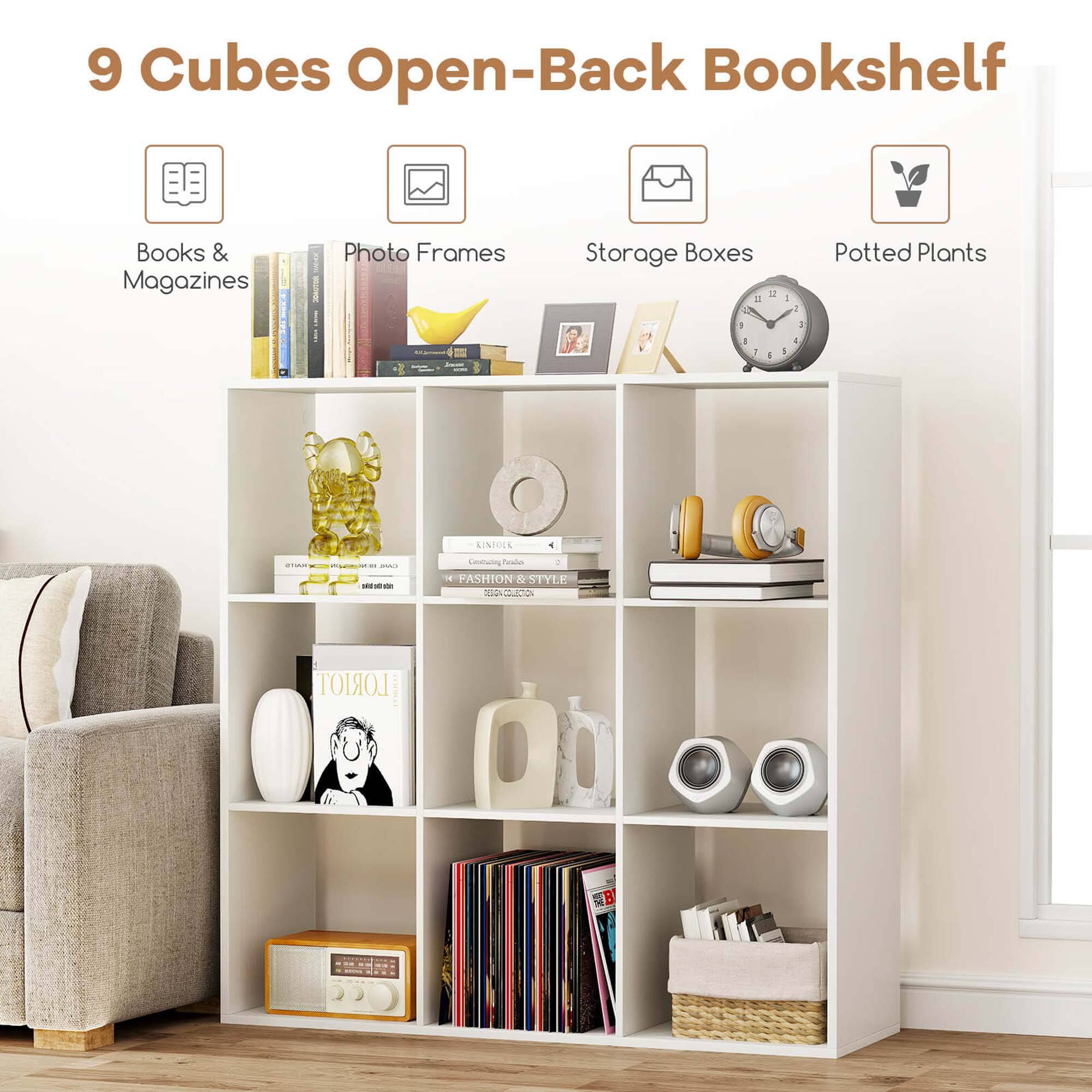 9 Cubes Open-Back Bookshelf: Books & Magazines, Photo Frames, Storage Boxes, Potted Plants.