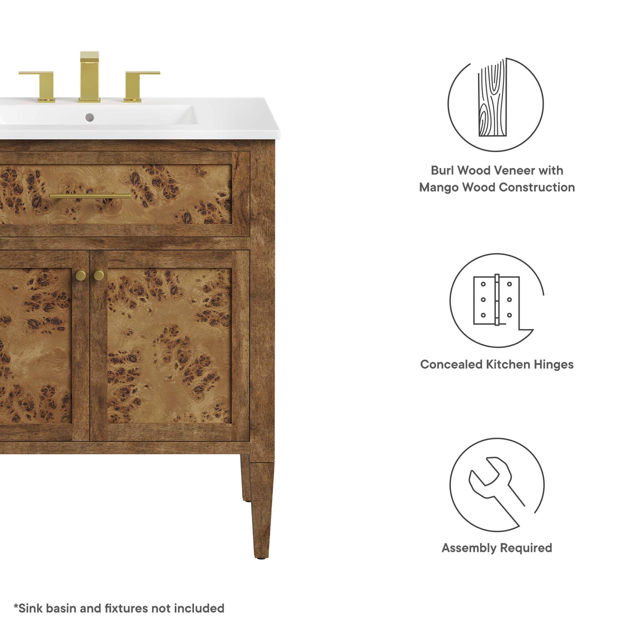 Burl Wood Veneer with Mango Wood Construction  
Concealed Kitchen Hinges  
Assembly Required  

*Sink basin and fixtures not included