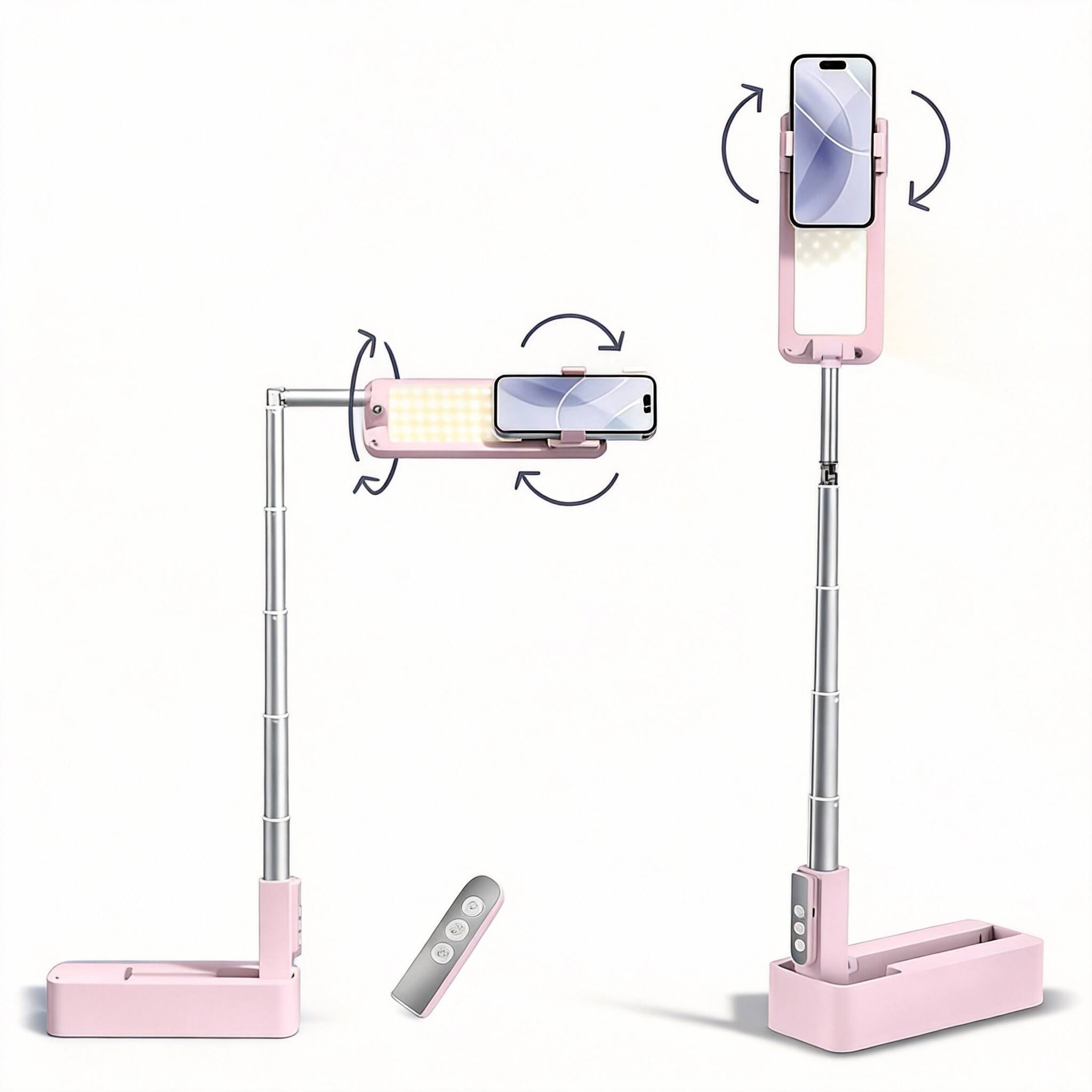 Back. METALTON - Overhead Phone Stand For Recording Mount Foldable extendable rechargeable With Light wireless Remote Photo ... - Pink.