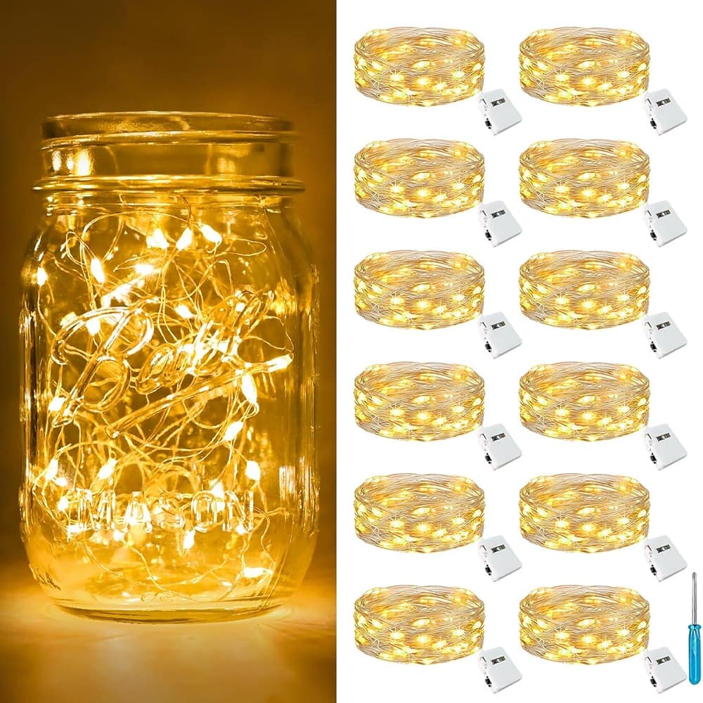 THIRSTY TURTLE - 12-Pack 7ft Battery Operated Fairy Lights, 20 LEDs, Warm White, Silver Wire