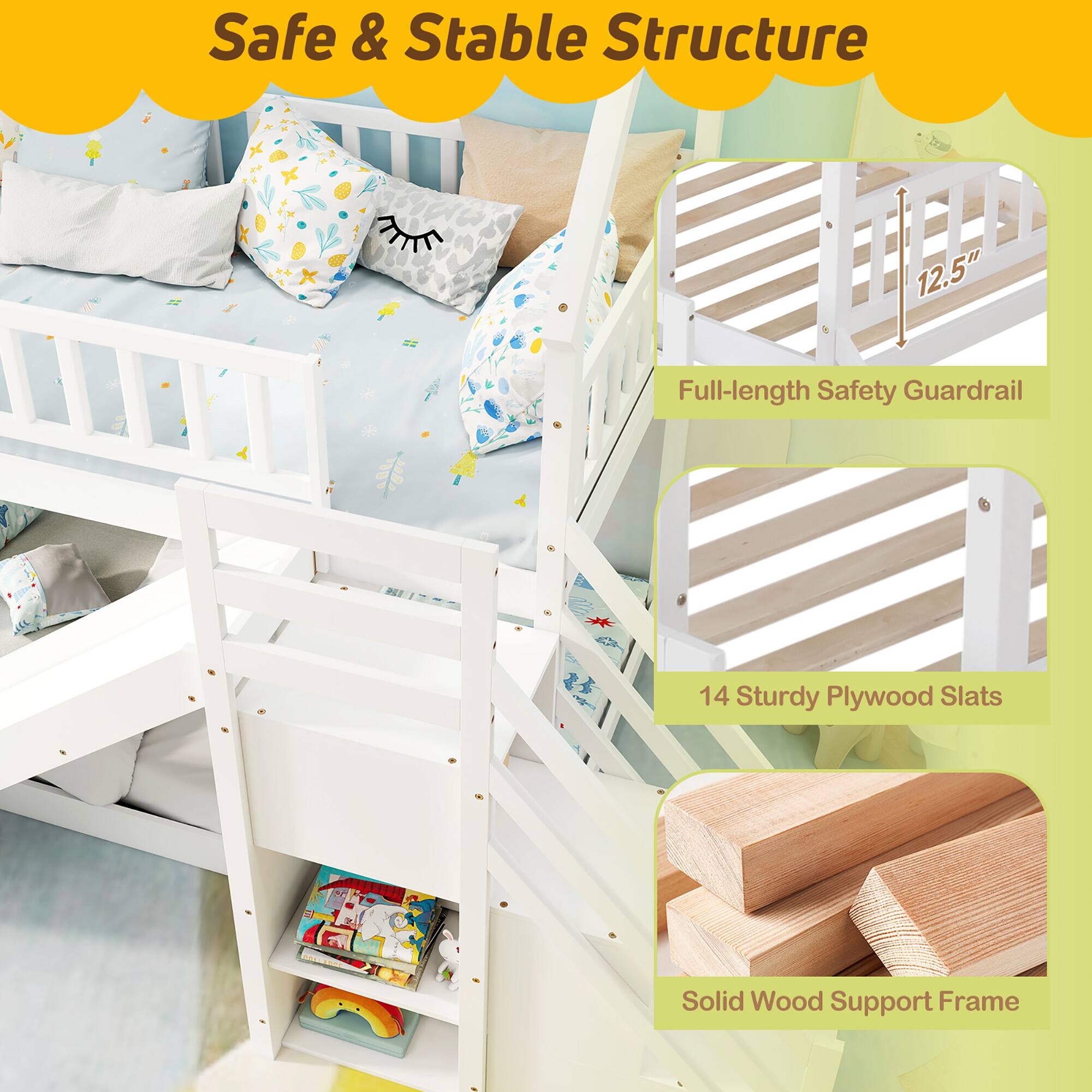 Safe & Stable Structure

- 12.5" Full-length Safety Guardrail
- 14 Sturdy Plywood Slats
- Solid Wood Support Frame