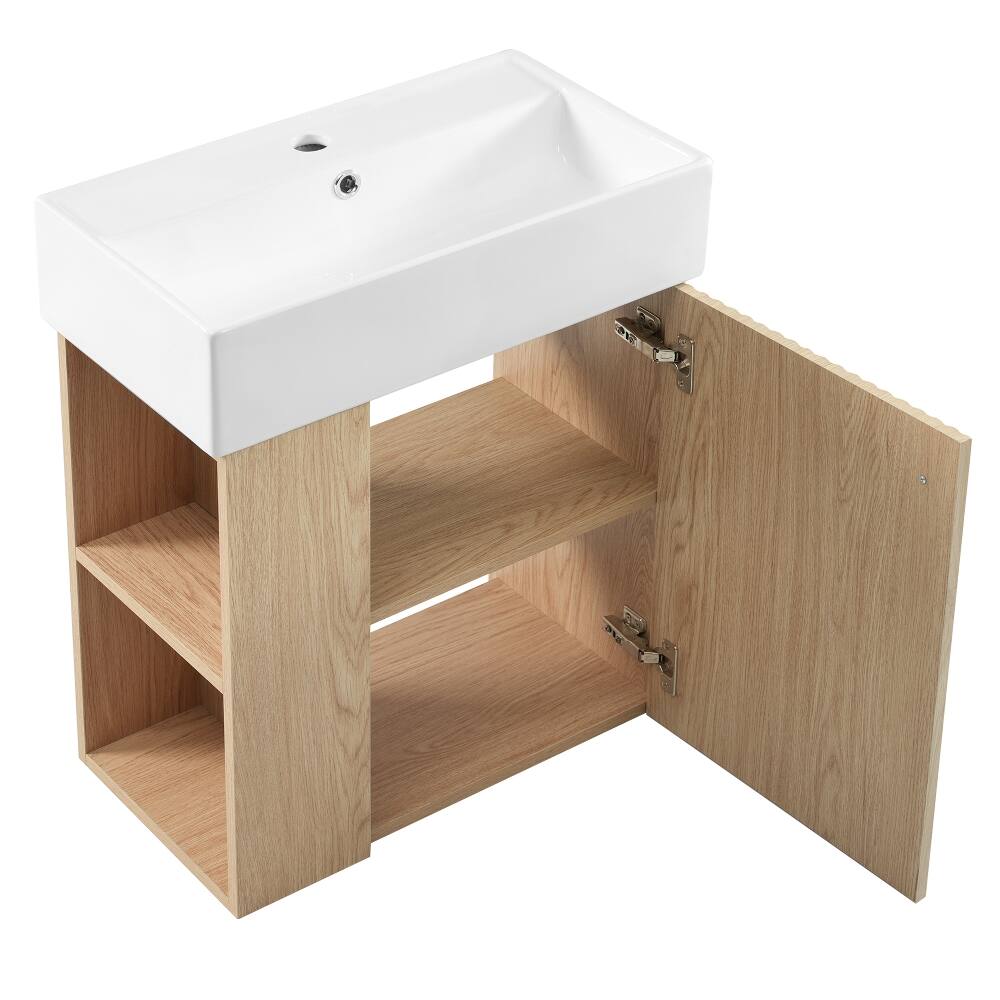Alt View 6. Loheer - Loheer 21.6 inch floating bathroom vanity Wood Wall Mounted Vanity with Ceramic Basin Sink - Wood.