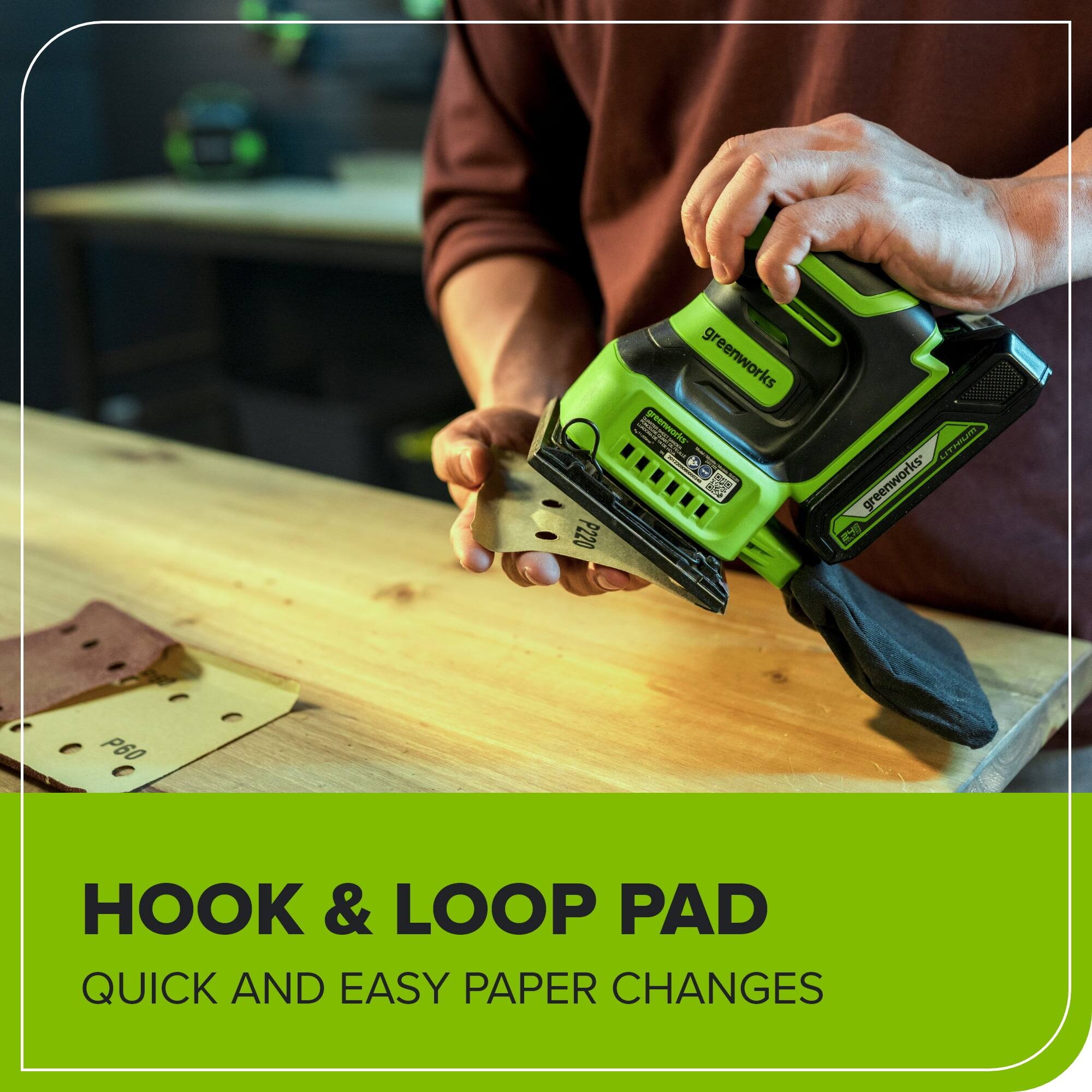 P220 gr greenworks - ptnteors KON LITISAN greenworks P60 HOOK & LOOP PAD QUICK AND EASY PAPER CHANGES

HOOK & LOOP PAD
QUICK AND EASY PAPER CHANGES