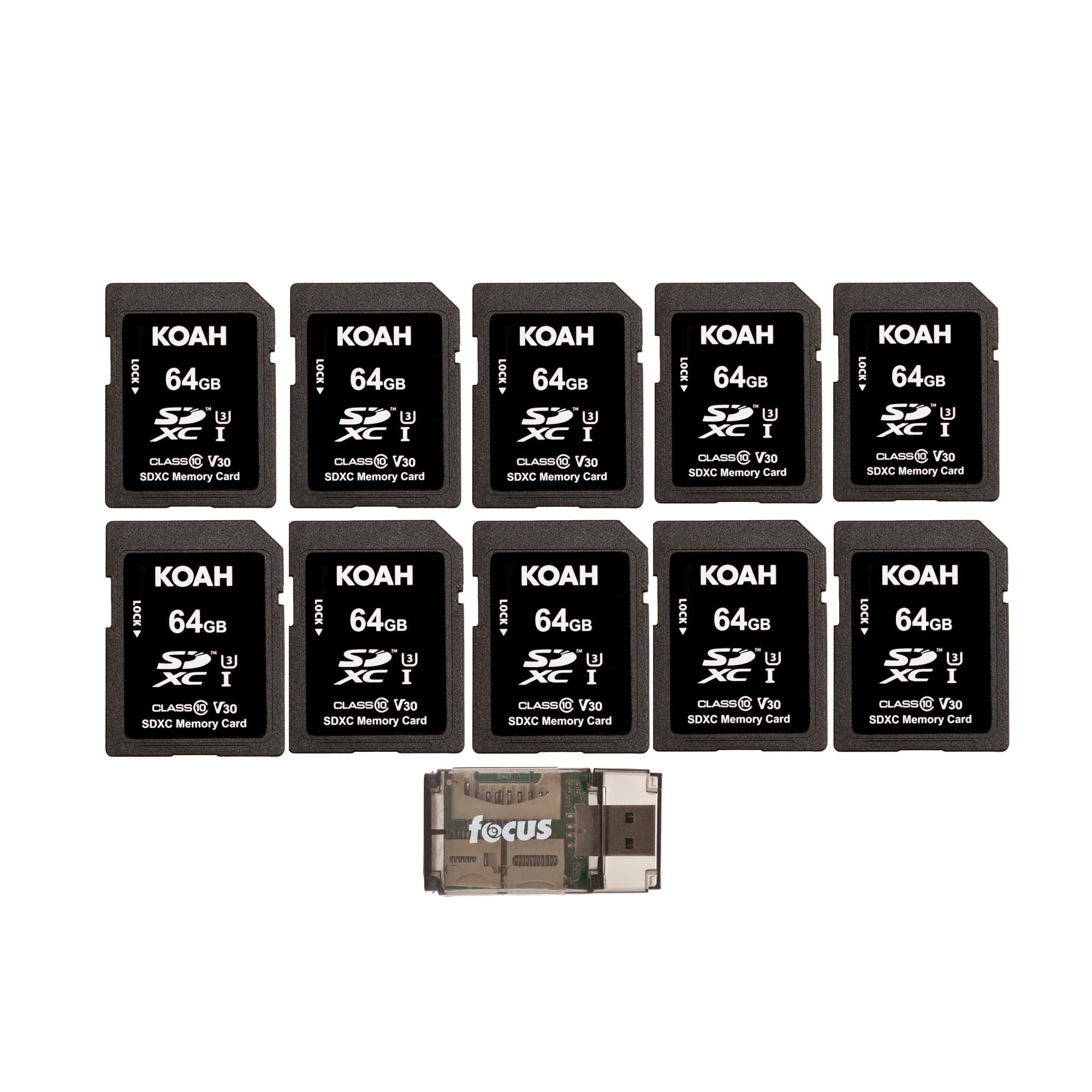 Koah - Ultimate 64GB SDXC Memory Card Class10 V30 (10-Pack) with Card Reader
