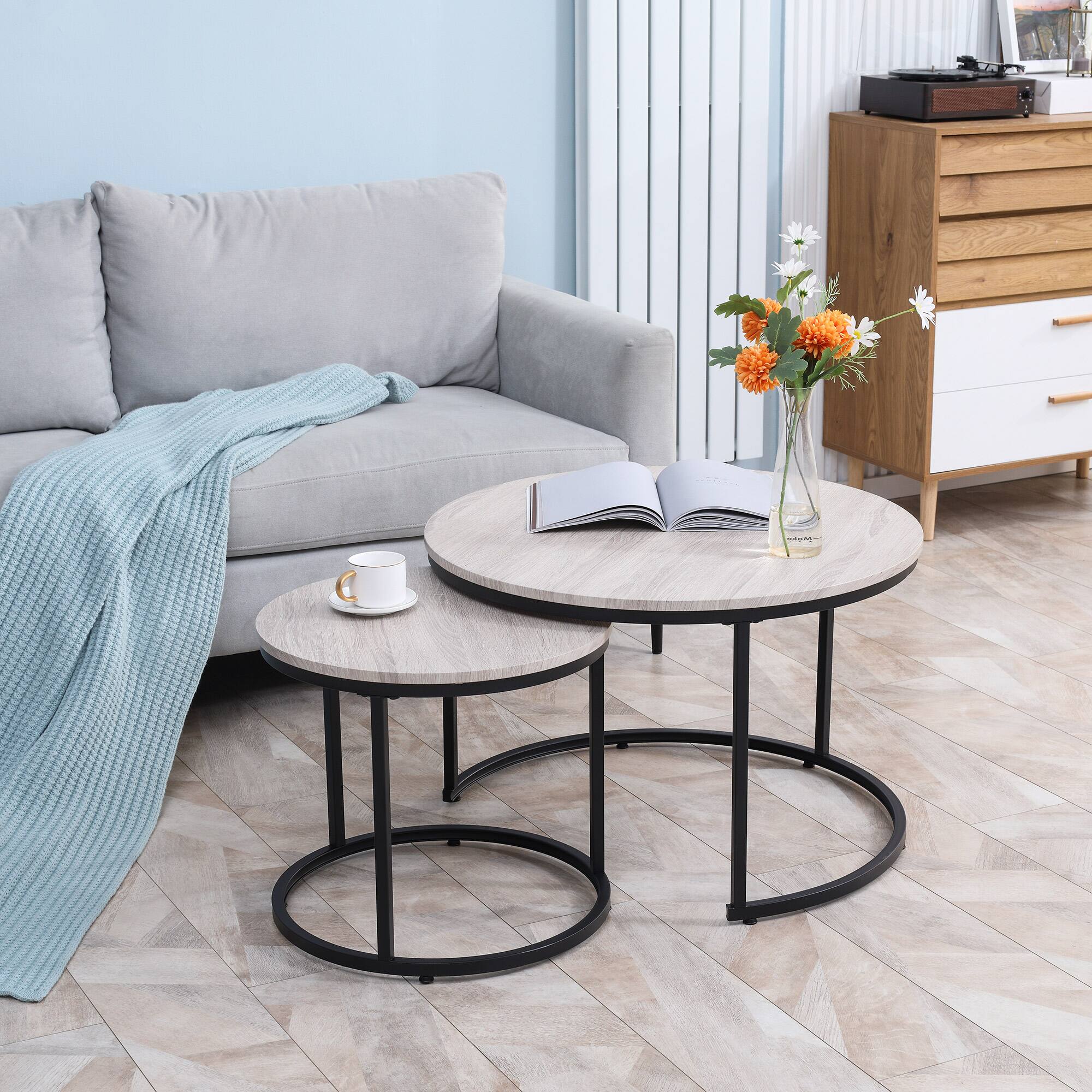 Alt View 1. Homcom - Round Nesting Tables Set of 2, Stacking Coffee Table Set with Metal Frame for Living Room, Grey - Grey.